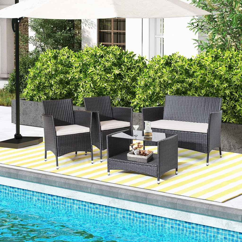 Tangkula 4 Pieces Patio Furniture Set, Patiojoy Outdoor PE Wicker Conversation Set with Soft Cushions and Tempered Glass Tabletop, Outdoor Garden Furniture Set with 2-Tier Coffee Table (Brown)