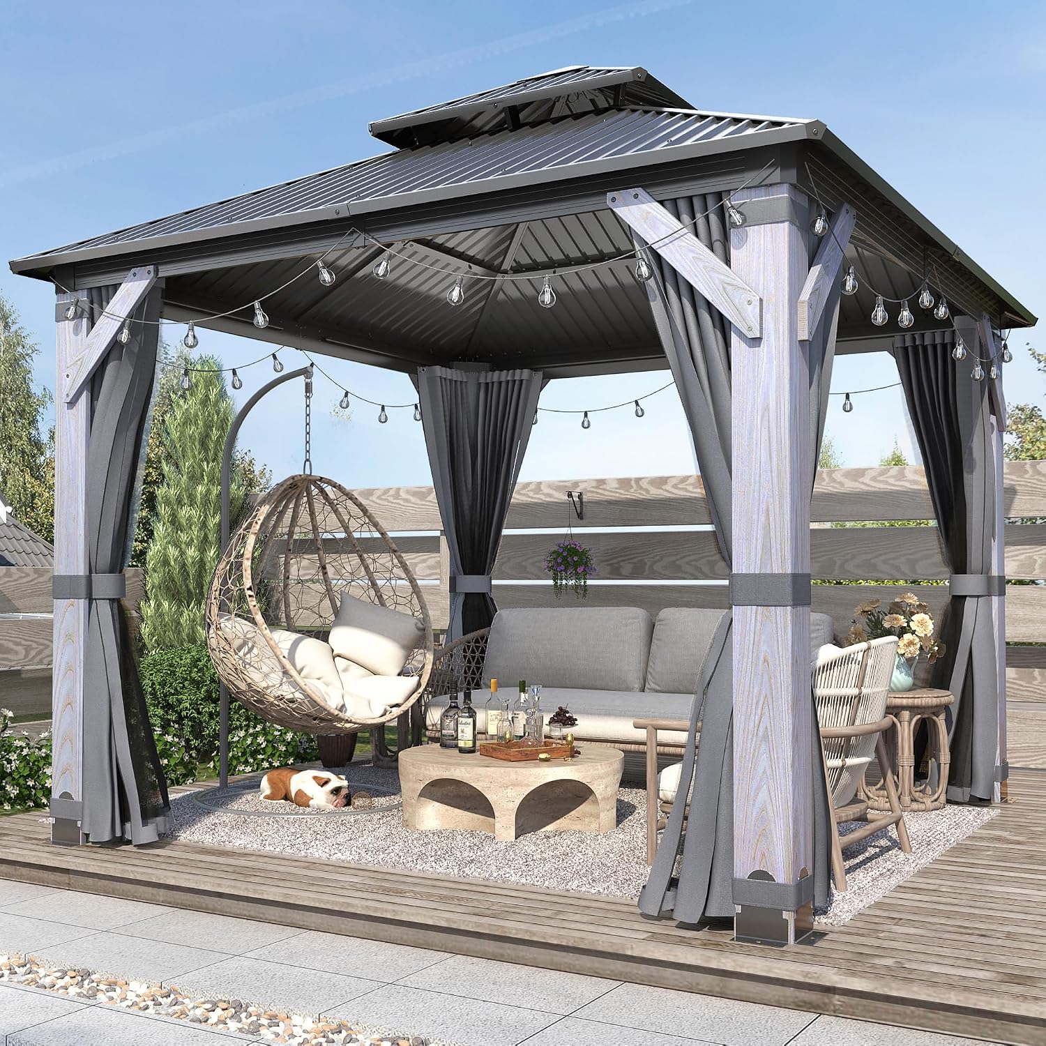 COVERONICS 10'x10' Outdoor Wood Gazebo - Hardtop Wooden Gazebo with Galvanized Steel Roof, Heavy-Duty Pavilion with Netting & Curtains for Garden, Poolside, Deck, Backyard