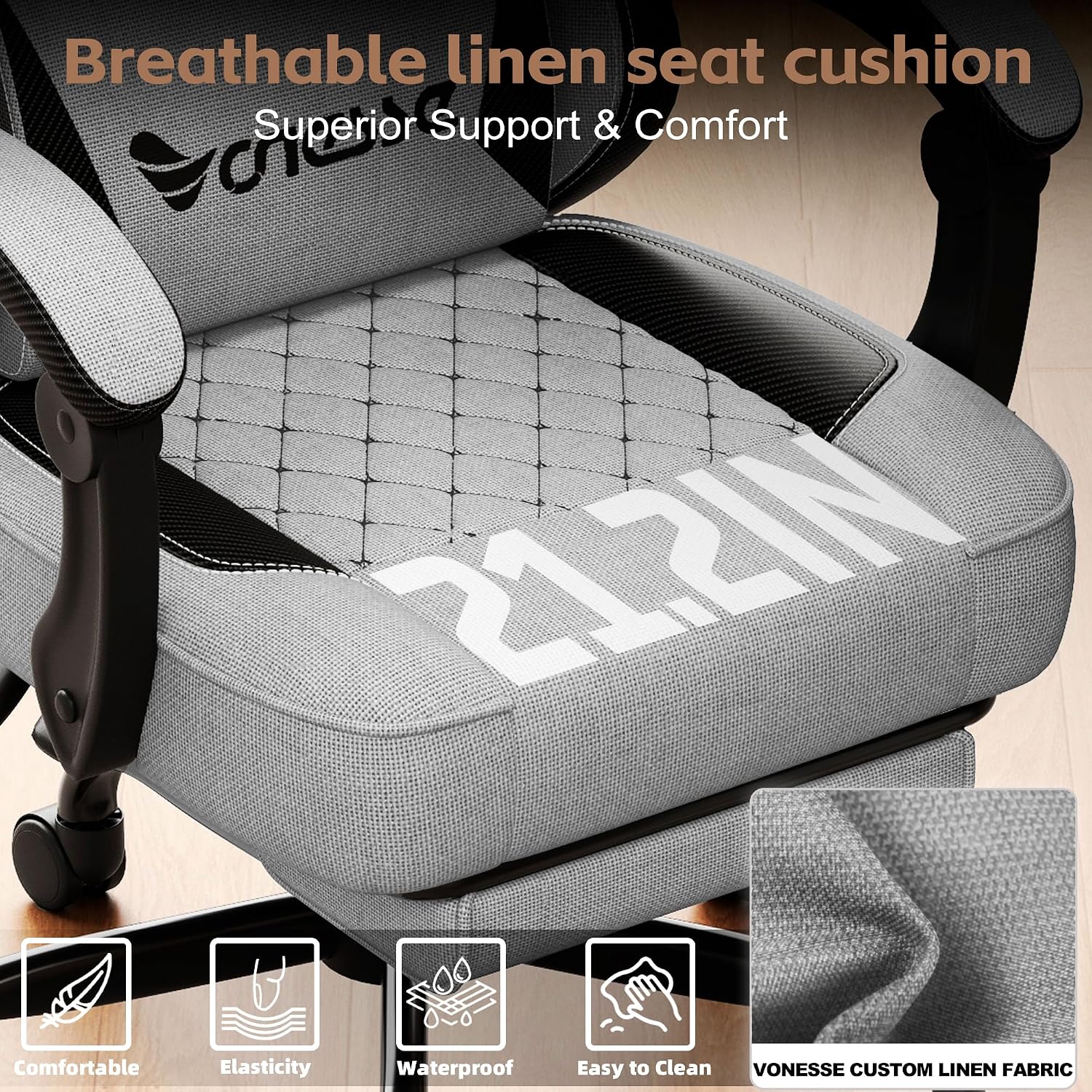 Vonesse Office Chair, Gaming Chair with Linen Breathable Mesh Fabric, Desk Chair with Adjustable Lumbar Support, Executive Computer Chairs with Footrest and Headrest (Light Gray)