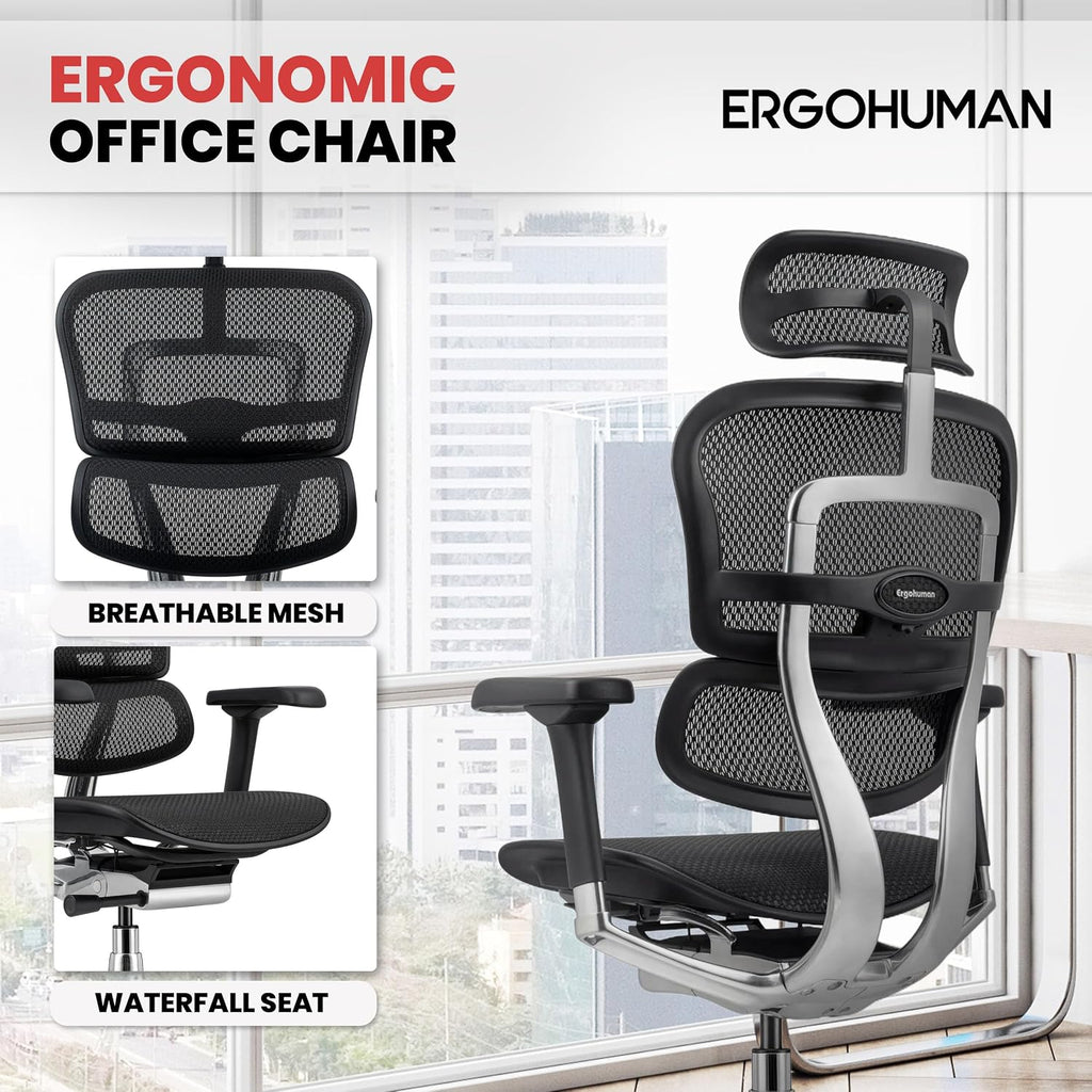Ergohuman Eurotech ME7ERG GEN2 High Back Mesh Office Chair with Tilt Tension Control, Tilt Lock, Back Angle, Back Height, Synchro Tilt, Seat Height, Seat Depth, and Arm Height Adjustments, Black
