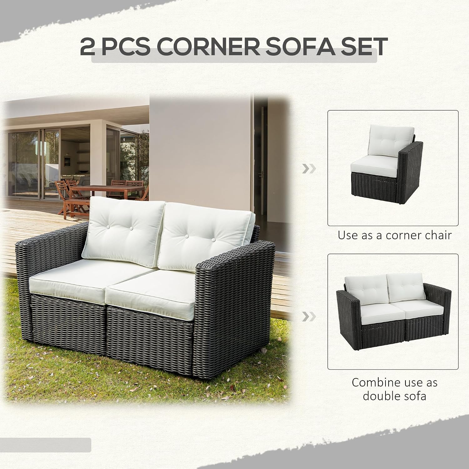 Outsunny 2 Piece Patio Wicker Corner Sofa Set, Outdoor PE Rattan Furniture, with Curved Armrests and Padded Cushions for Balcony, Garden, or Lawn, Beige