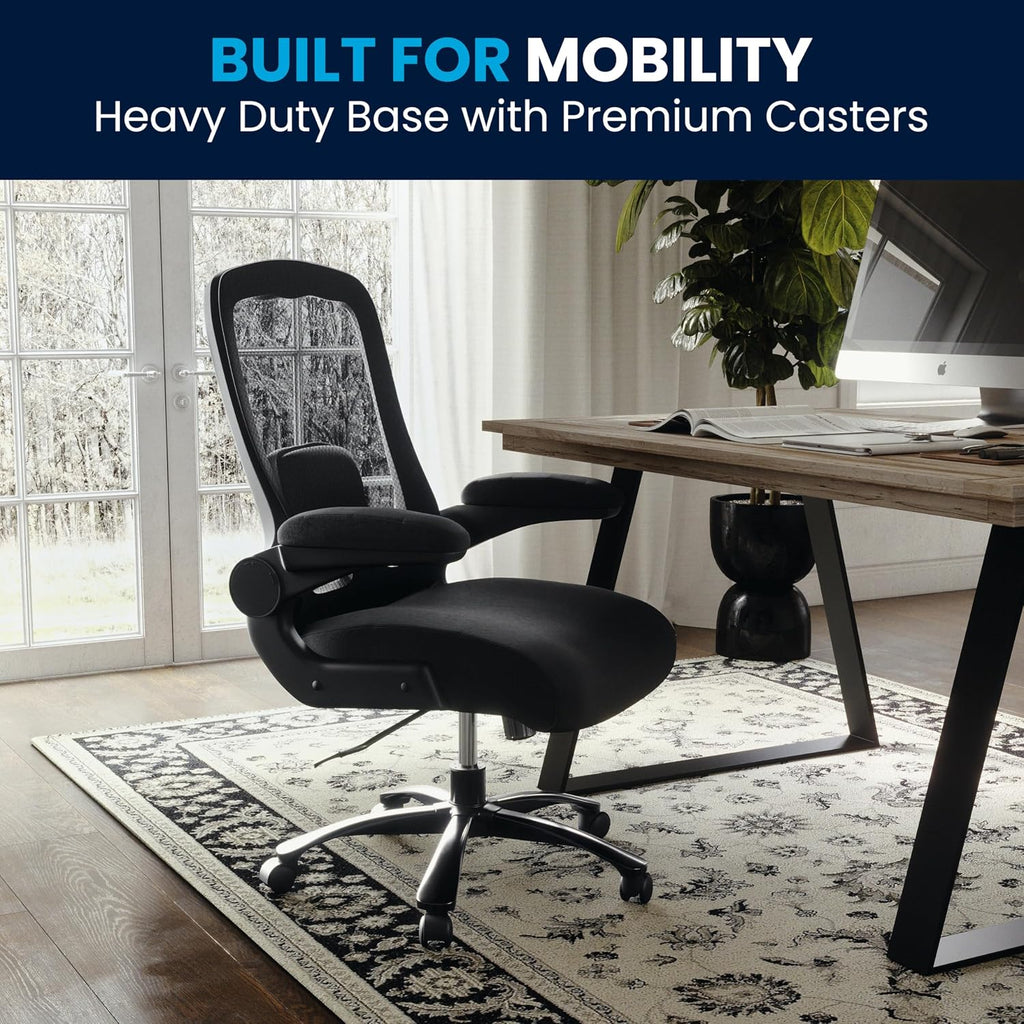 Flash Furniture Big & Tall Swivel Office and Gaming Chair with Lumbar and Back Support, Ergonomic Mesh Office Chair with Flip-Up Armrests and Adjustable Height, Black