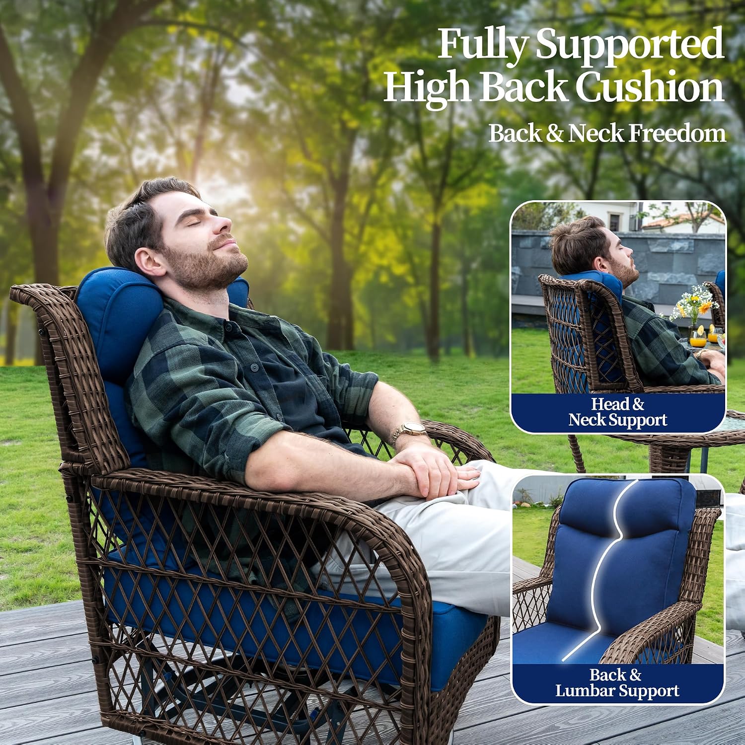 PIZZELLO 4 Pieces Patio Furniture Set w/ 5' Cushions and 25' Full Support Back, Outdoor Loveseat Couch, Swivel Rocker Patio Chairs and Side Table, Wicker Sectional Conversation Set for Backyard