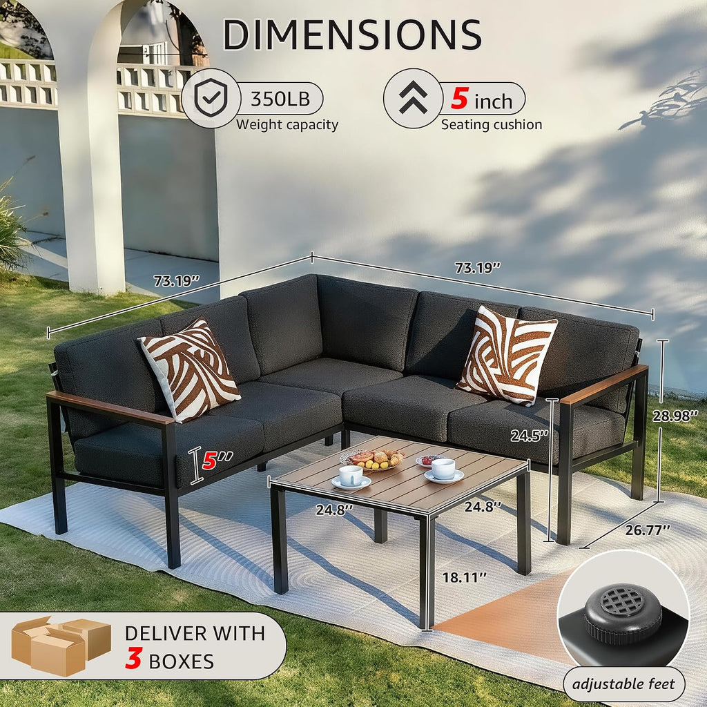 NATURAL EXPRESSIONS 6 Pieces Patio Furniture Set, Outdoor Couch with Thick Olefin Cushions, Fauxwood Armrest and Tabletop, Ergonomic Highback, Sectional Outdoor Furniture for Backyard, Deck Dark Grey