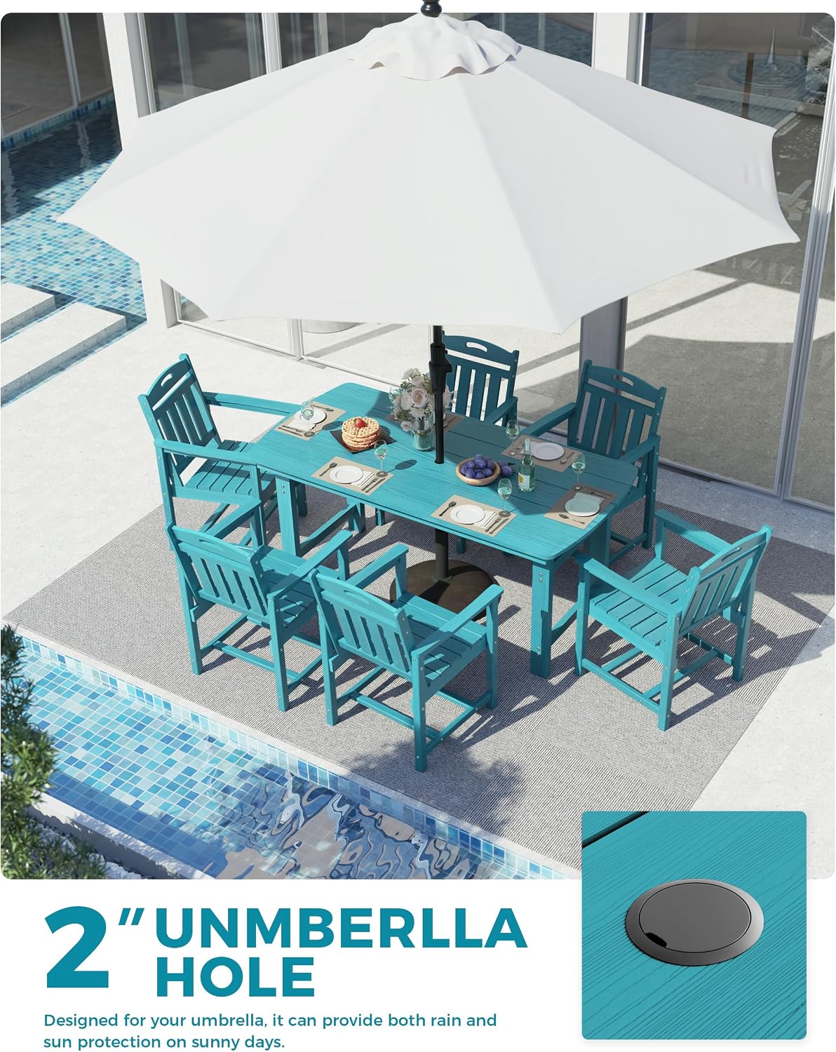 Ciokea HDPE Outdoor Dining Set, 7-Piece Patio Table and Chairs Set with Umbrella Hole, All-Weather Patio Dining Sets for 6, Durable Patio Furniture for Backyard, Garden, Lawn & Poolside, Lake Blue