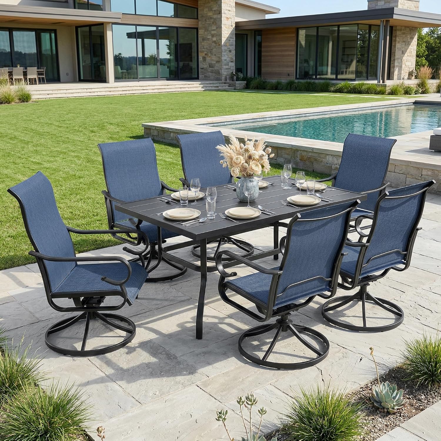 NUU GARDEN 7PCS Outdoor Dining Set with Umbrella Hole, Patio Table and Chair Set, Outdoor Dining Table and Swivel Chairs with High Backrest, All-Weather Breathable Textilene Patio Dining Set, Blue