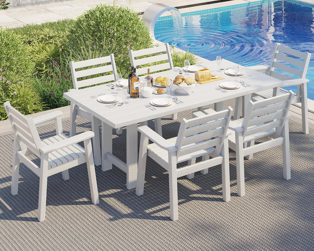 AMERLIFE 7-Piece HDPE Outdoor Dining Table Set with 6 Chairs, 71' L Patio Dining Furniture Set with Umbrella Hole, Modern Dinner Table & Chairs Set for Garden, Backyard, Poolside, White
