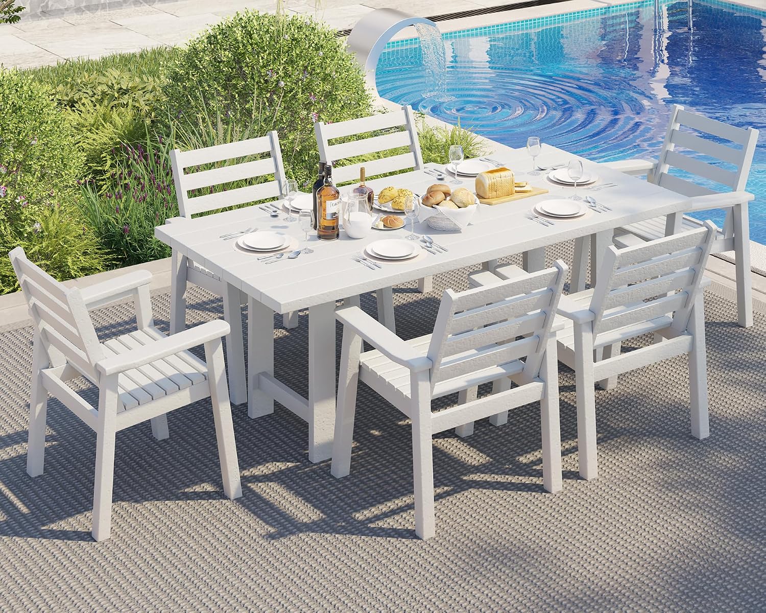 AMERLIFE 7-Piece HDPE Outdoor Dining Table Set with 6 Chairs, 71' L Patio Dining Furniture Set with Umbrella Hole, Modern Dinner Table & Chairs Set for Garden, Backyard, Poolside, White