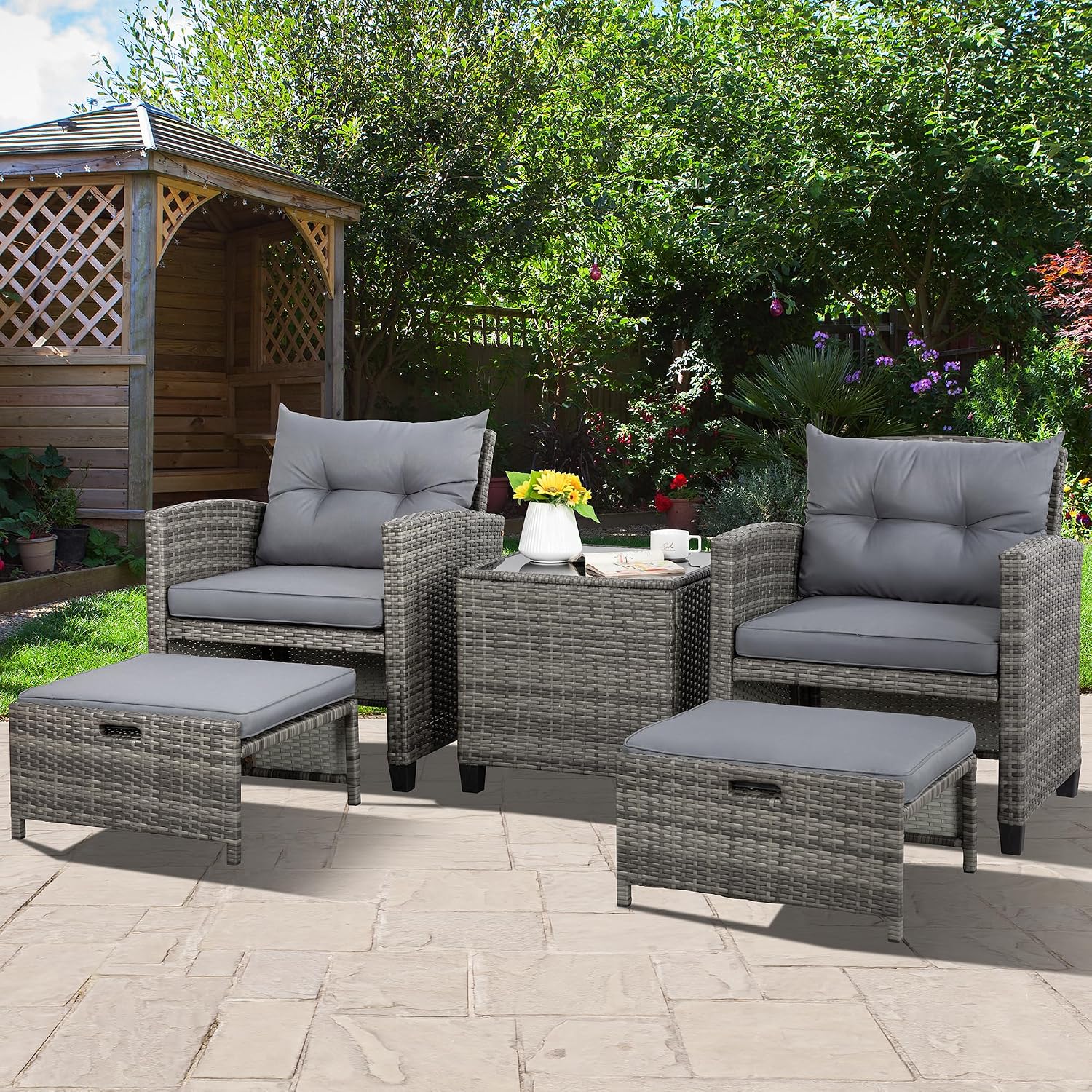 Vongrasig 5 Piece Patio Furniture Set, Small Balcony Furniture, PE Wicker Rattan Patio Chairs Set of 2, Outdoor Lounge Chairs with Cushions Ottomans &Glass Table for Porch Garden(Light Grey)