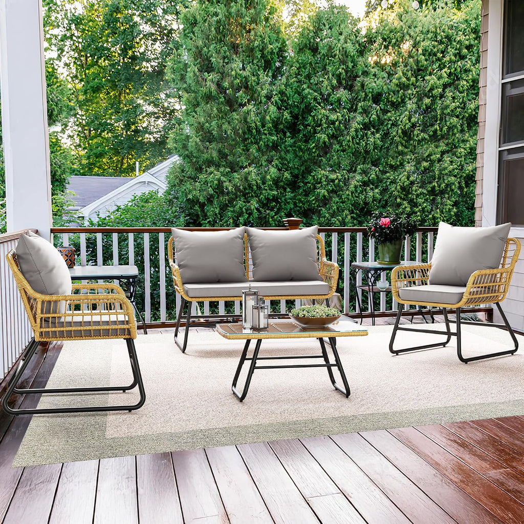 YITAHOME 4-Piece Patio Furniture Wicker Outdoor Bistro Set, All-Weather Rattan Conversation Loveseat Chairs for Backyard, Balcony and Deck with Soft Cushions and Metal Table (Light Grey+Beige)