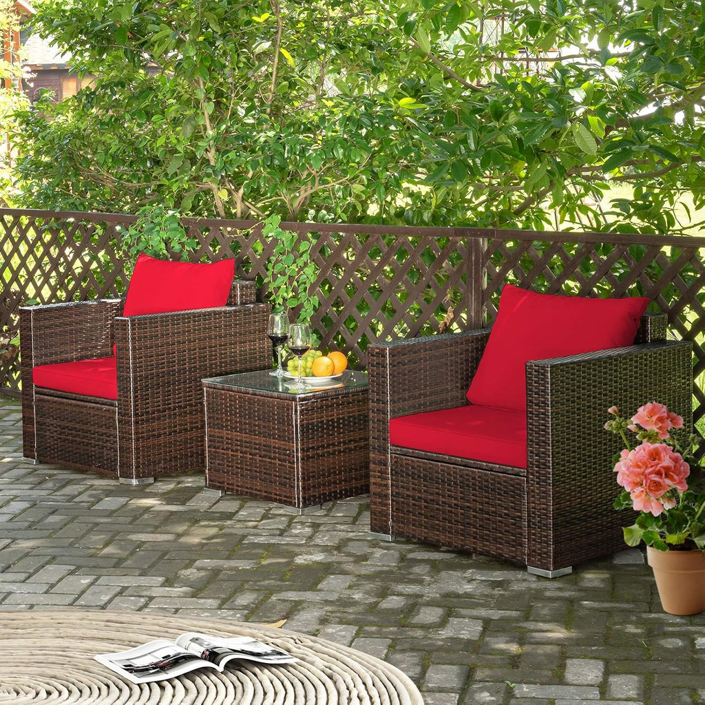 COSTWAY 3-Piece Patio Furniture Set, Outdoor Wicker Rattan Sofa with Cushions and Coffee Table with Tempered Glass, Modern Conversation Chair Set for Poolside Backyard Balcony Lawn (Red)
