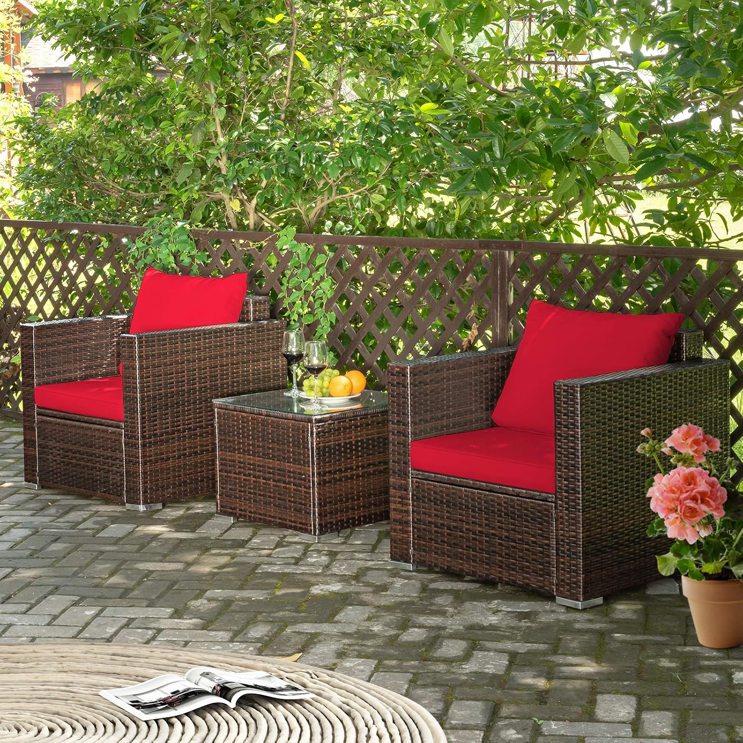 COSTWAY 3-Piece Patio Furniture Set, Outdoor Wicker Rattan Sofa with Cushions and Coffee Table with Tempered Glass, Modern Conversation Chair Set for Poolside Backyard Balcony Lawn (Red)