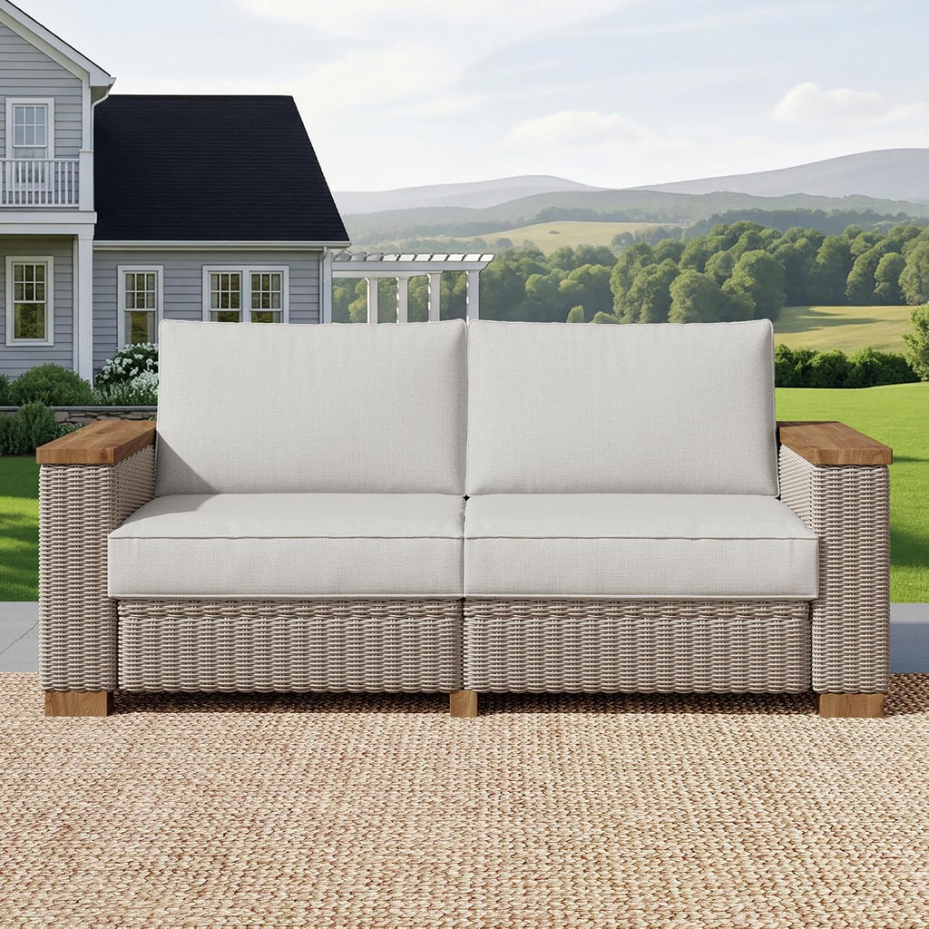 PaPaJet Outdoor Loveseat Patio Sofa, Wicker Couch with Solid Armrests & Legs, 4.7' Thick Cushion, UV-Resistant Modular Sofa for Porch, Backyard, Garden