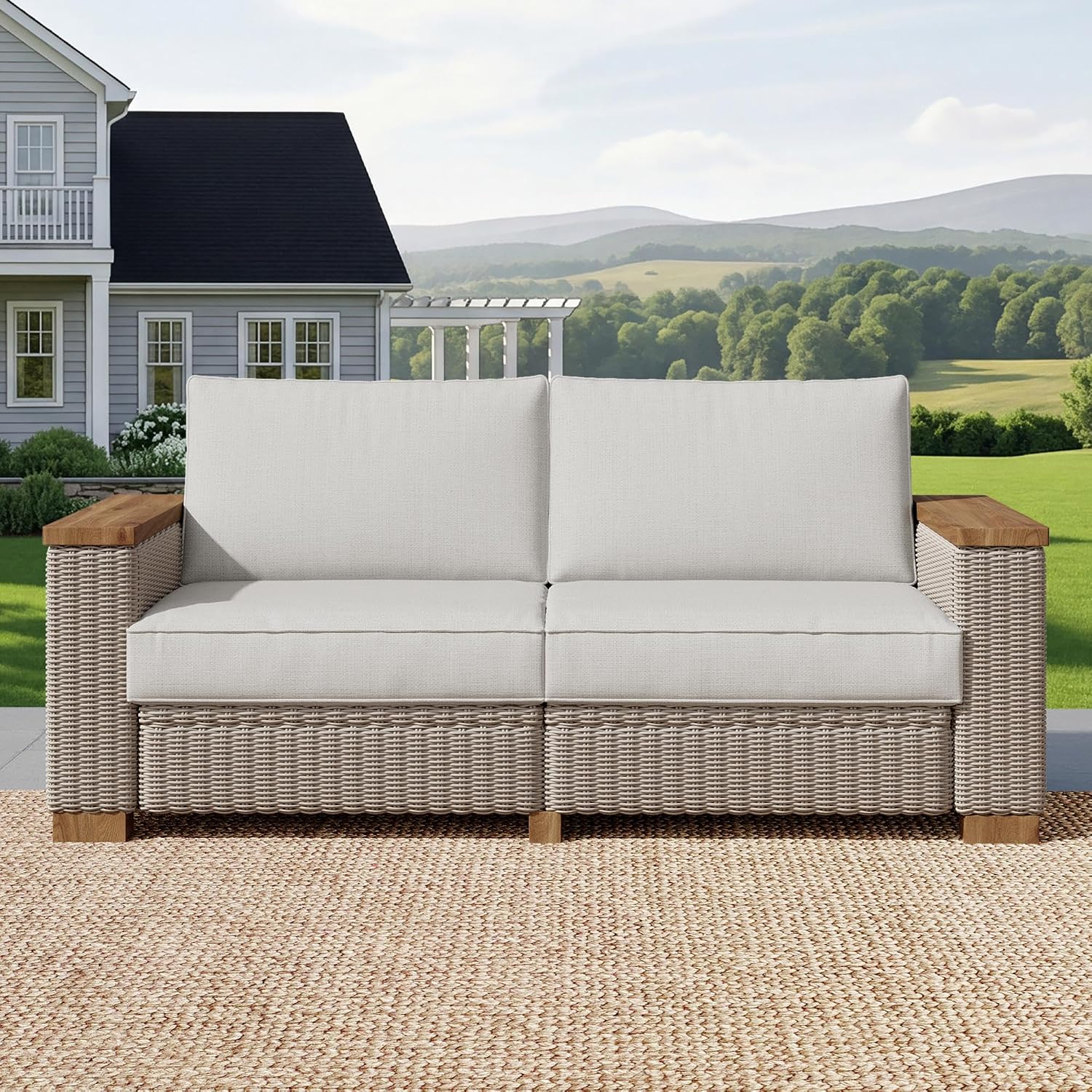 PaPaJet Outdoor Loveseat Patio Sofa, Wicker Couch with Solid Armrests & Legs, 4.7' Thick Cushion, UV-Resistant Modular Sofa for Porch, Backyard, Garden