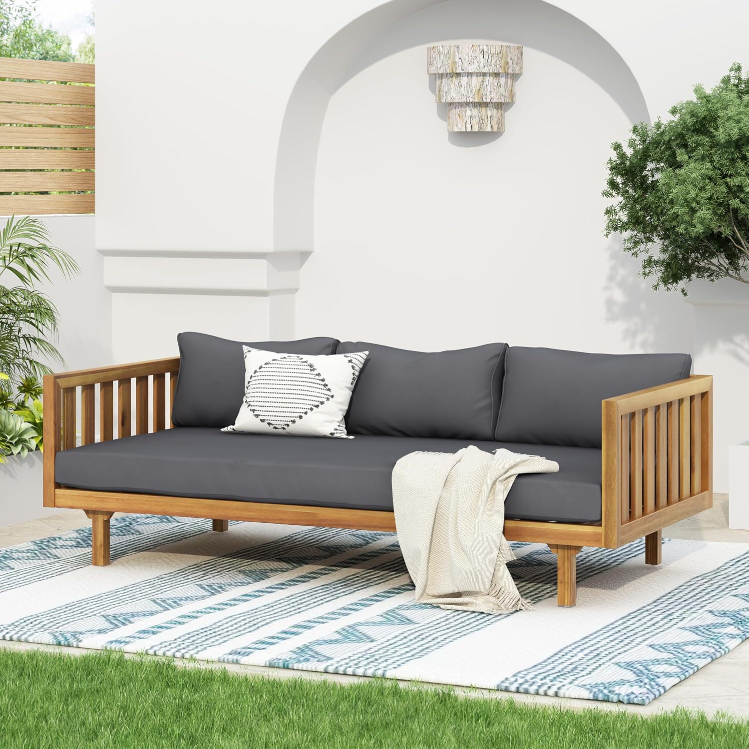 Christopher Knight Home Claremont Patio Sofa and Coffee Table Set, 2 Piece Outdoor Patio Furniture Set with Cushion, Acacia Wood 3 Seater Outdoor Sofa Daybed and Coffee Table Set, Teak+Dark Grey