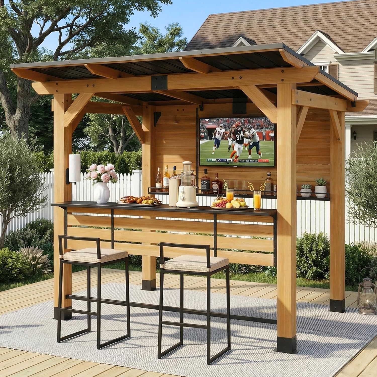CHARMELEON Cedar Wood Entertainment Bar Center,6 x 8 FT Wood Gazebo Bar Including Metal TV Mount & Serving Bar & Paper Towel Holder& Bottle Opener,Outdoor Grill Gazebo for Patio,Garden