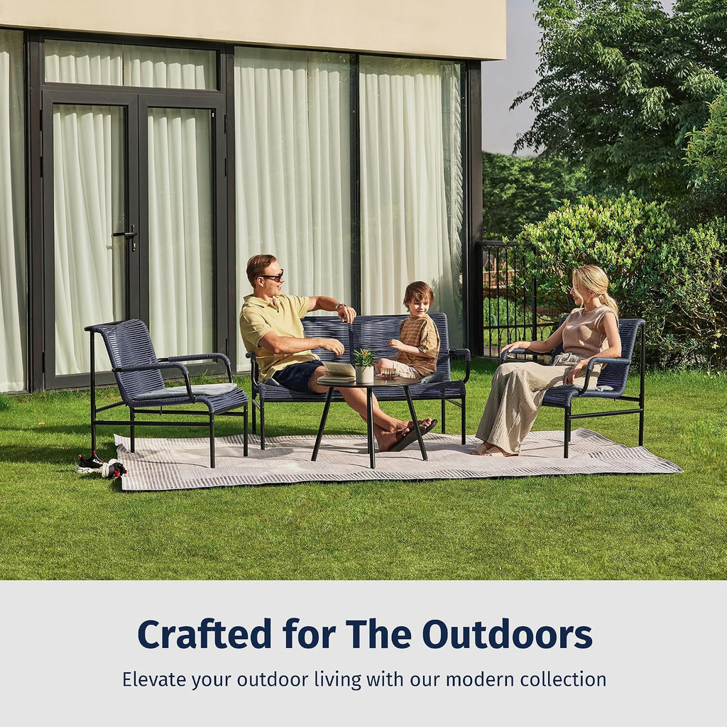 East Oak 4 Piece Patio Furniture Set, Outdoor Furniture with PE Wicker Rattan Chairs and Coffee Table, Modern Patio Conversation Set with Soft Pad for Garden, Backyard and Porch, Navy Blue