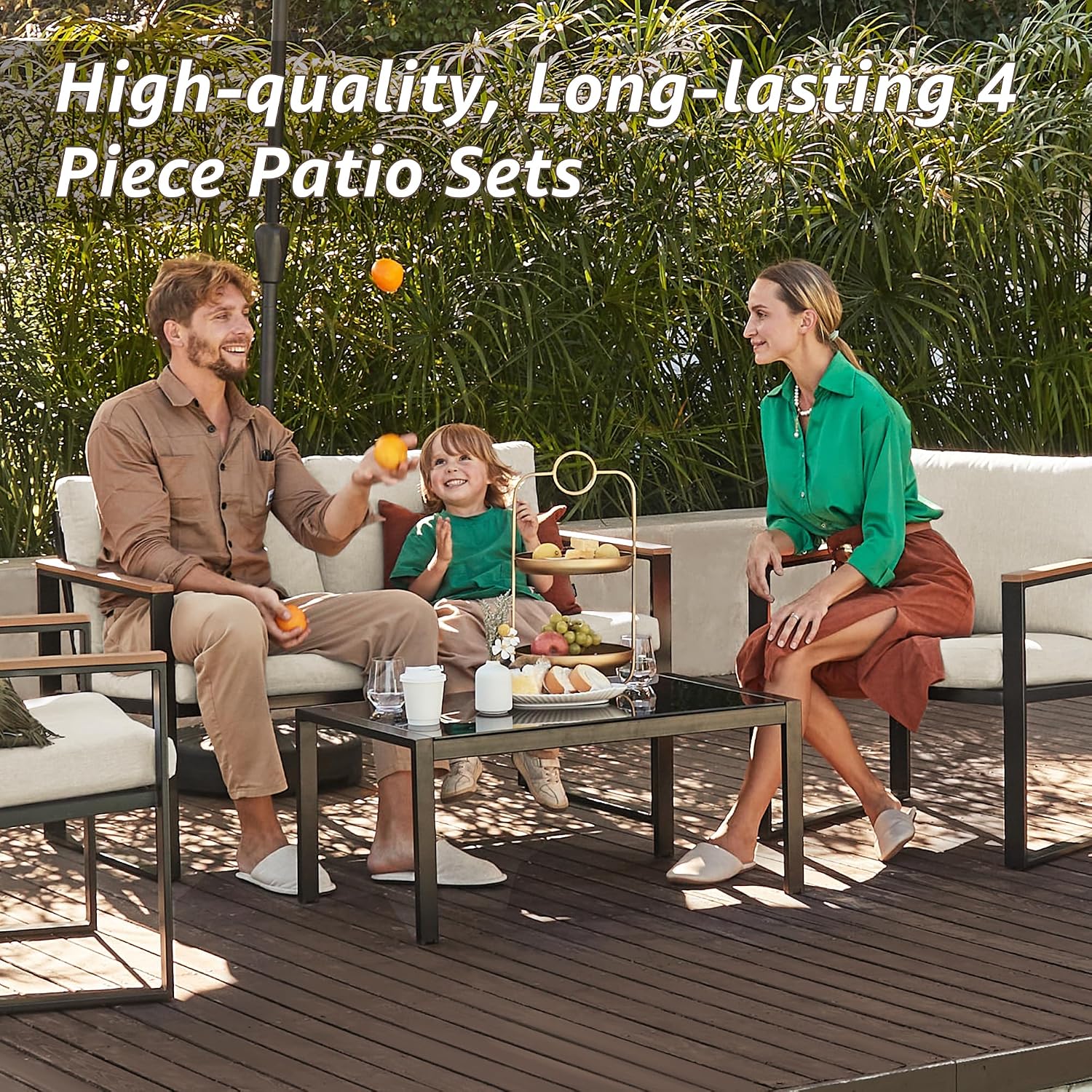 NATURAL EXPRESSIONS 4 Pieces Patio Furniture Sets,Metal Outdoor Patio Furniture Sets,Outdoor Sectional Patio Conversation Set,Wooden Anti-Scald Armrest,Sling Mesh,4' Olefin Cushions