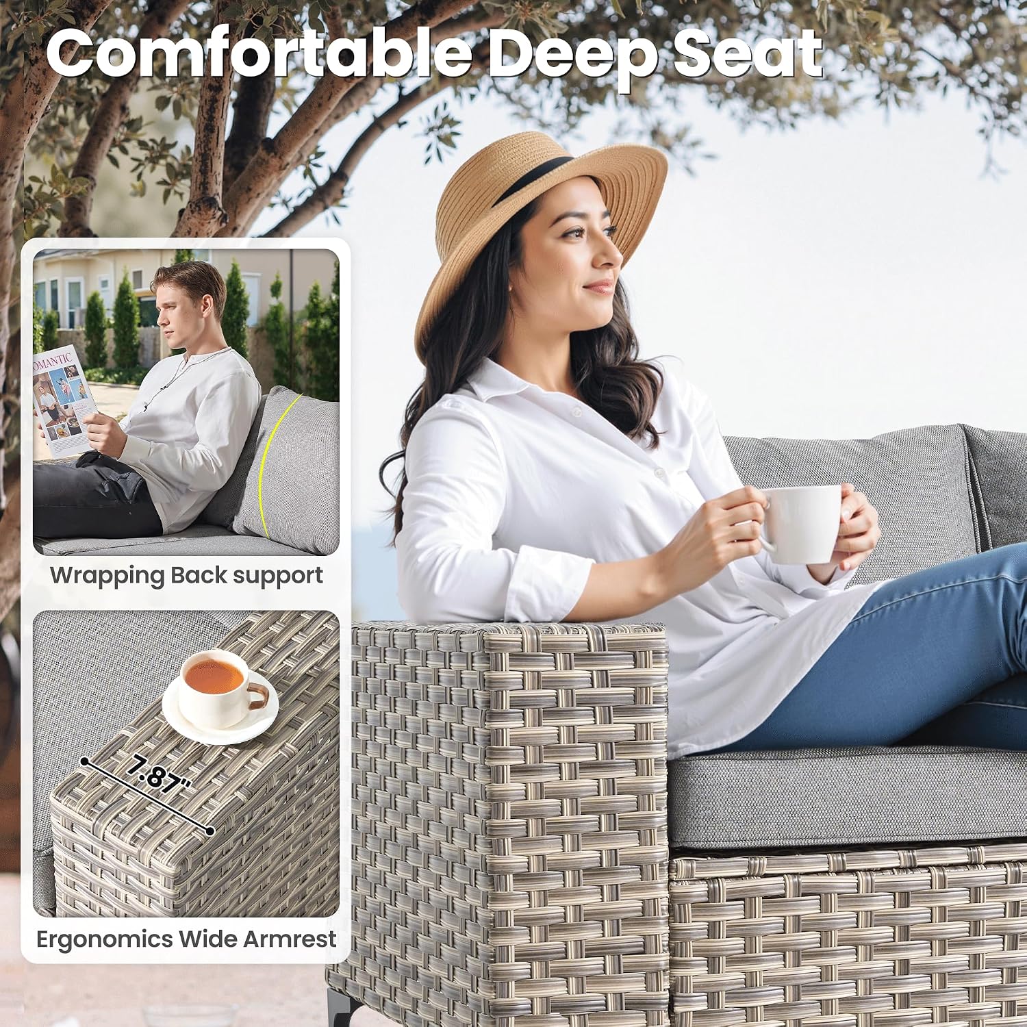 ovios 5-Piece Patio Furniture Set with L-Shape Sofa Chaise, Outdoor Sectional Couch Solar Table, Modern Modular Wicker Rattan Conversation Set, Dark Grey