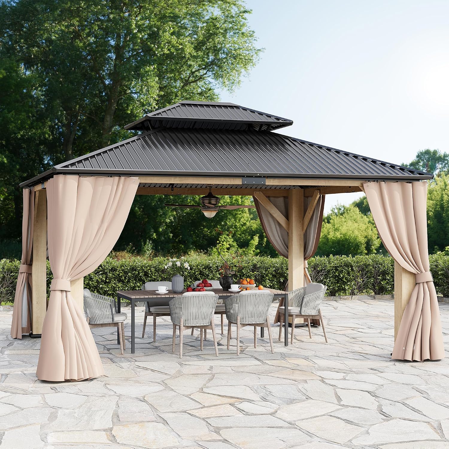 13'x15' Outdoor Wood Gazebo, Wooden Pavilion with Double Galvanized Steel Roof, Hardtop Gazebo with Natural Wood Frame, Curtains & Netting for Patio, Garden, Lawn, Deck, Backyard