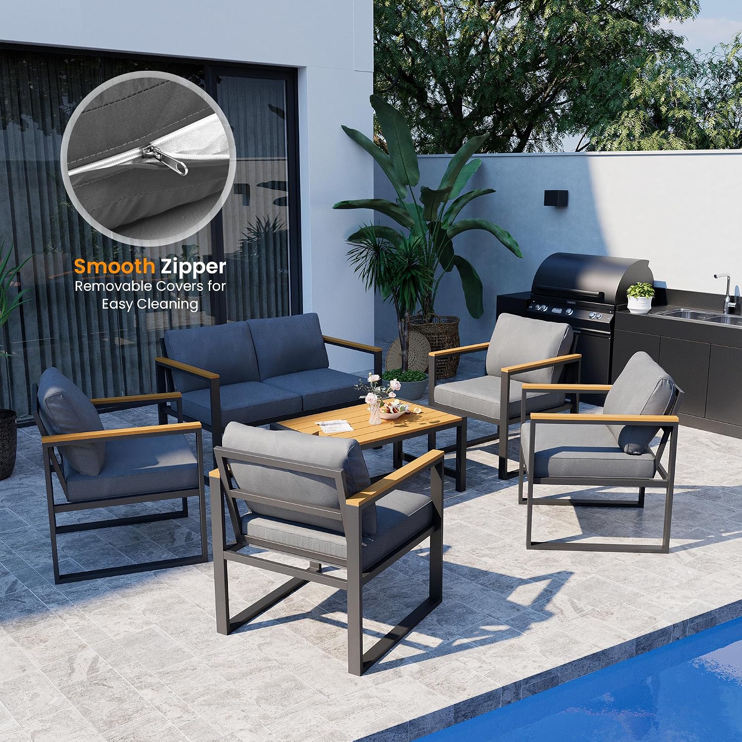 Pamapic 6 Pieces Outdoor Patio Furniture Set, Modern Metal Balcony Furniture with Plastic-Wood Coffee Table, All-Weather Patio Conversation Set with Thick Cushion for Balcony, Porch, Gray