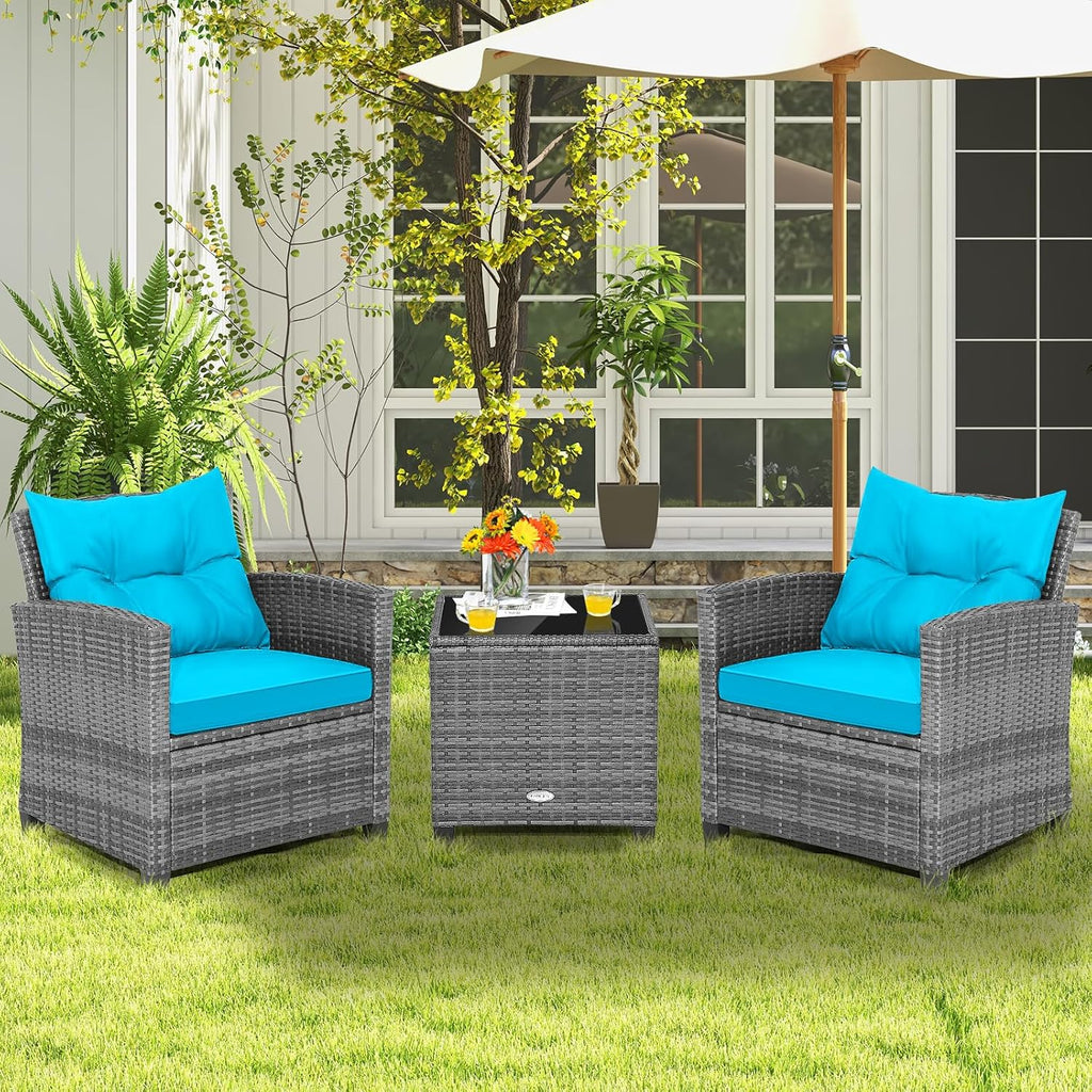 COSTWAY 3PCS Patio Furniture Set, PE Rattan Wicker Sofa w/Washable Cushion and Coffee Table, Tempered Glass Tabletop, Outdoor Conversation Set for Balcony, Porch, Yard, Backyard, Lawn, Turquoise