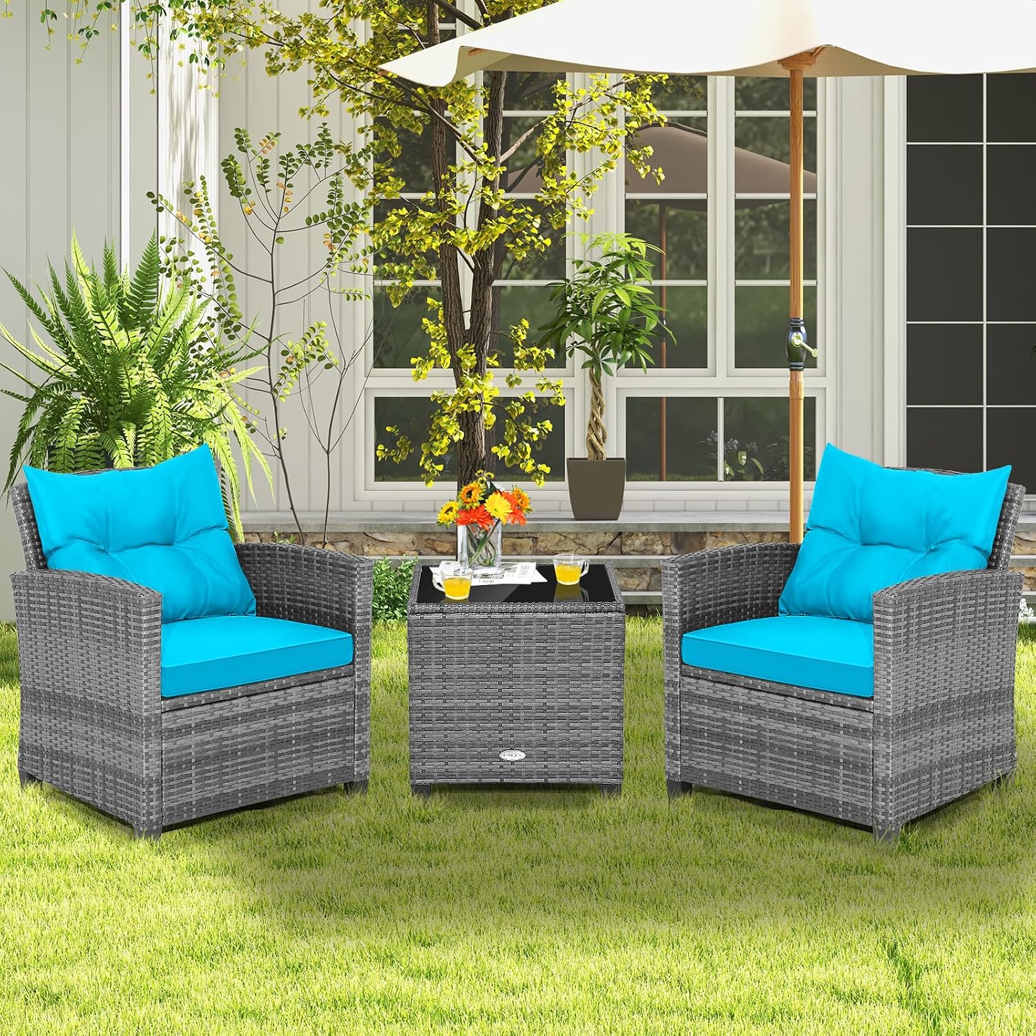 COSTWAY 3PCS Patio Furniture Set, PE Rattan Wicker Sofa w/Washable Cushion and Coffee Table, Tempered Glass Tabletop, Outdoor Conversation Set for Balcony, Porch, Yard, Backyard, Lawn, Turquoise