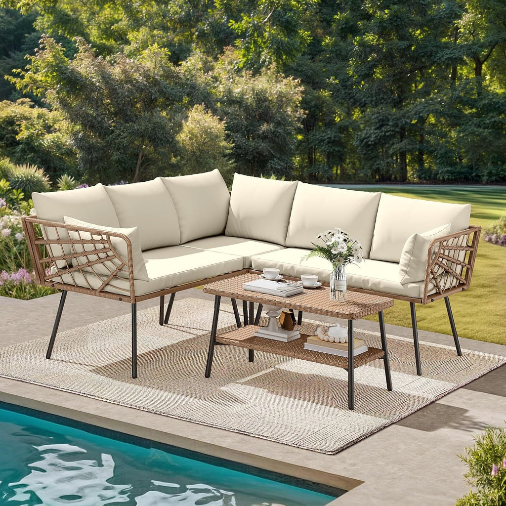 DWVO Outdoor Sectional Sofa 4 Piece 5-Seater Rattan Patio Furniture Set with 2-Tier Coffee Table&Cushions L Shape Couch Boho Conversation Sets for Garden Porch Backyard Relaxation