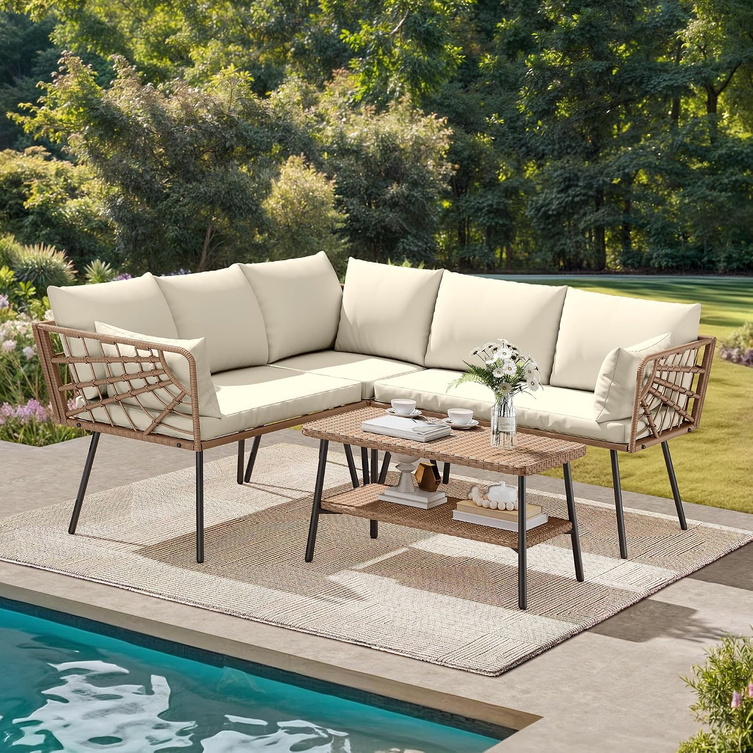 DWVO Outdoor Sectional Sofa 4 Piece 5-Seater Rattan Patio Furniture Set with 2-Tier Coffee Table&Cushions L Shape Couch Boho Conversation Sets for Garden Porch Backyard Relaxation