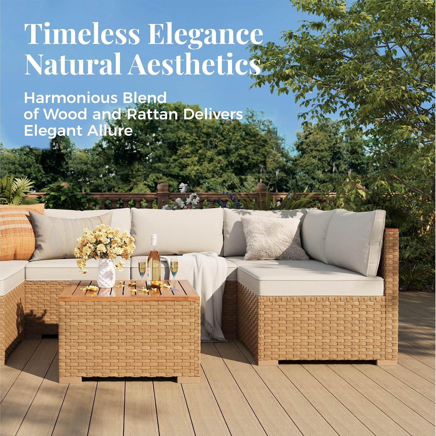 MIXPATIO Wicker Outdoor Patio Furniture Set 7 Pieces Patio Chaise Longue Conversation Set, Rattan U-Shaped Sofa Couch with Acacia Wood Coffee Table for Deck Porch and Garden