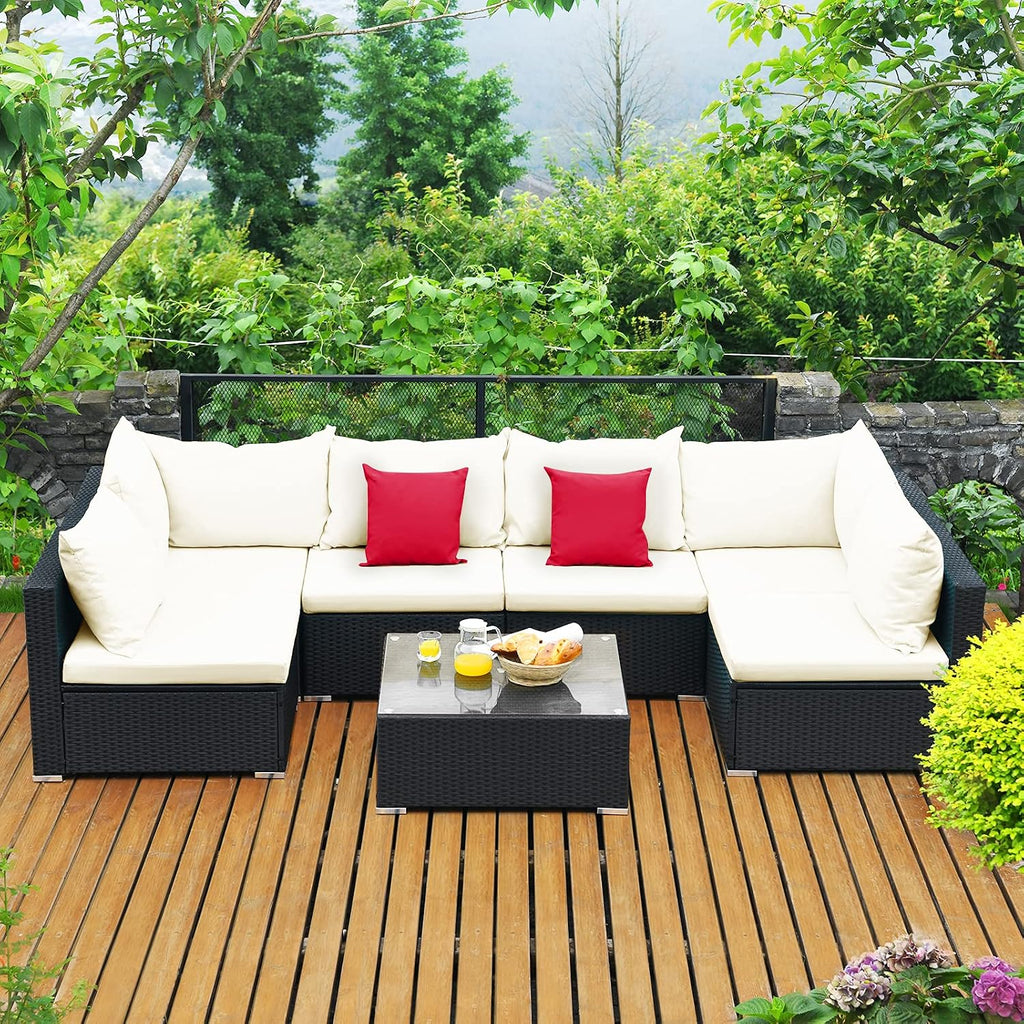 Tangkula 7-Piece Patio Furniture Set, Outdoor Sectional Sofa w/Pillows & Cushions, Wicker Conversation Set with Coffee Table & Tea Table for Garden & Lawn (Beige)