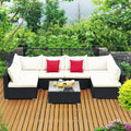 Tangkula 7-Piece Patio Furniture Set, Outdoor Sectional Sofa w/Pillows & Cushions, Wicker Conversation Set with Coffee Table & Tea Table for Garden & Lawn (Beige)