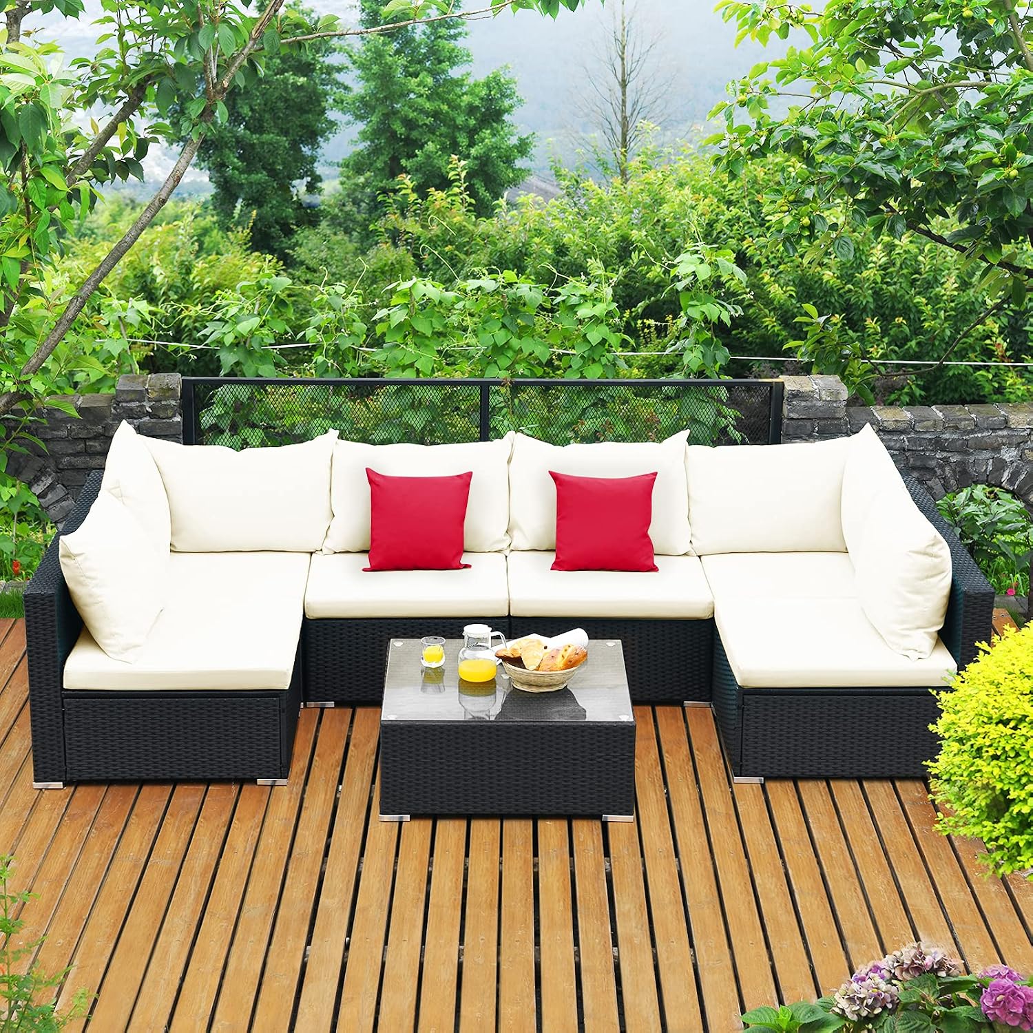 Tangkula 7-Piece Patio Furniture Set, Outdoor Sectional Sofa w/Pillows & Cushions, Wicker Conversation Set with Coffee Table & Tea Table for Garden & Lawn (Beige)