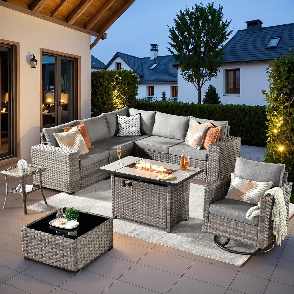 ovios 9 Pieces Patio Furniture Set, Outdoor Wicker Sectional Sofa with 42' Fire Pit Table Swivel Chair, Modern Modular Deep Seat Rattan Couch Conversation Sets, Dark Grey