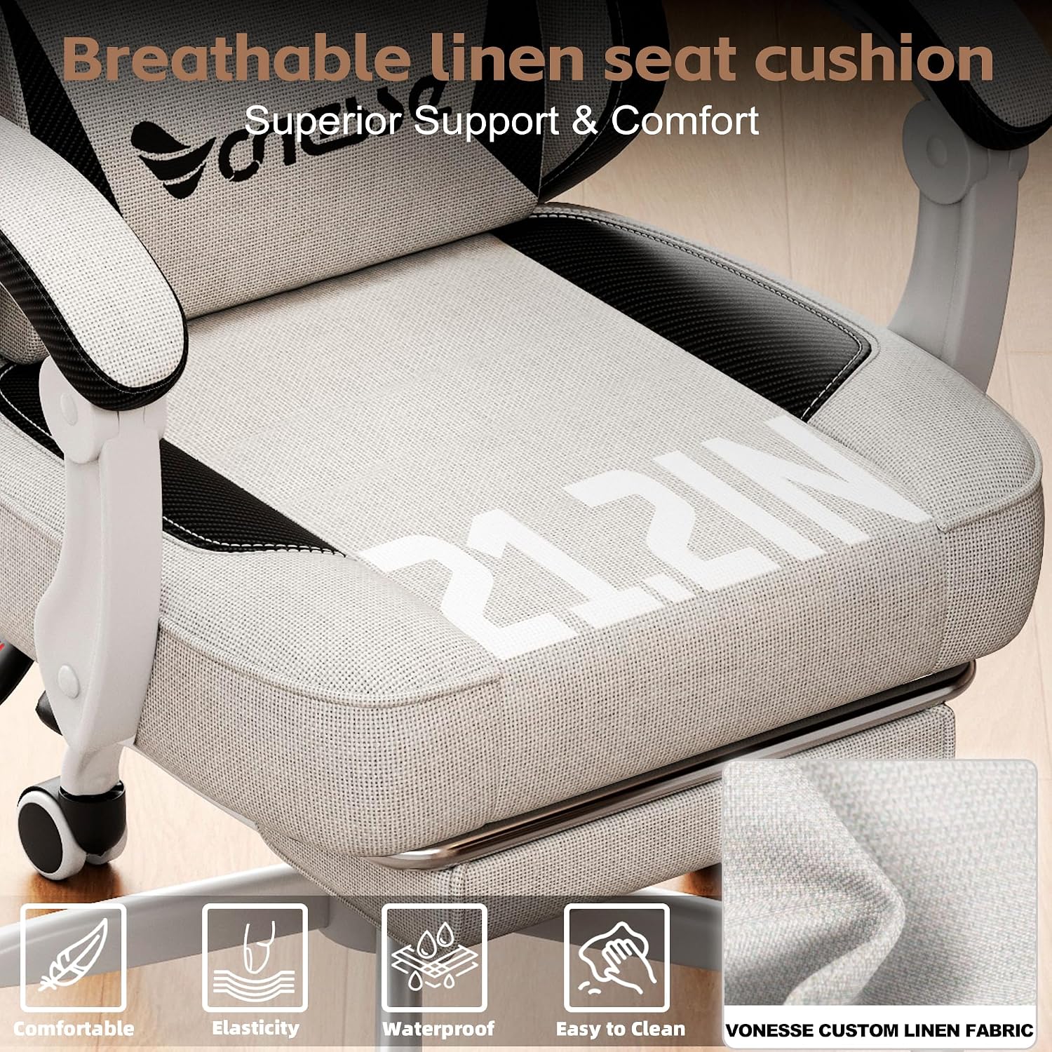 Vonesse Office Chair, Gaming Chair with Linen Breathable Mesh Fabric, Desk Chair with Adjustable Lumbar Support, Executive Computer Chairs with Footrest and Headrest (Beige White)