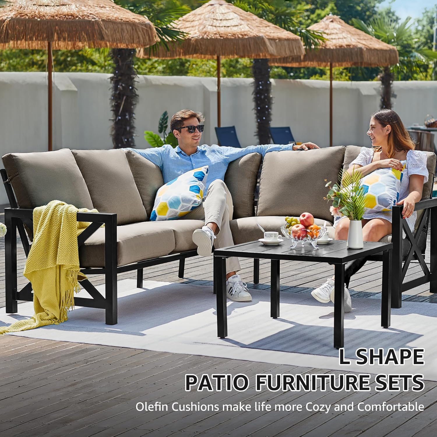 NATURAL EXPRESSIONS 6 Pieces Patio Furniture Sets,Outdoor Furniture Sets Metal Patio L Shape Sectional Couch Sofa Conversation Sets with 6.5' Shale Cushions,HighBack Hand-Brush Black Frame