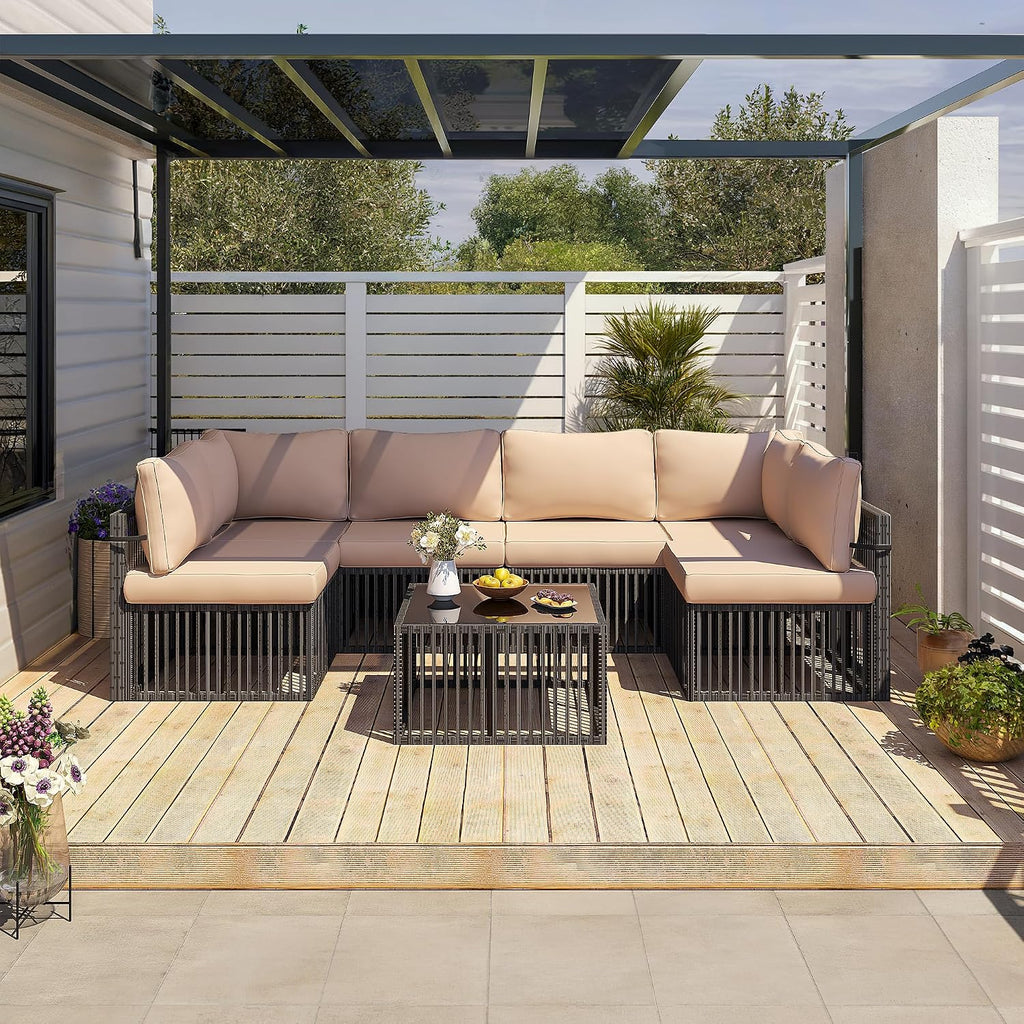 Pamapic 7-Piece Outdoor Sectional Set, Large Wicker Patio Furniture Set with Coffee Table and Washable Cushions Covers, All-Weather Patio Sofa Conversation Set for Backyard, Poolside, Garden
