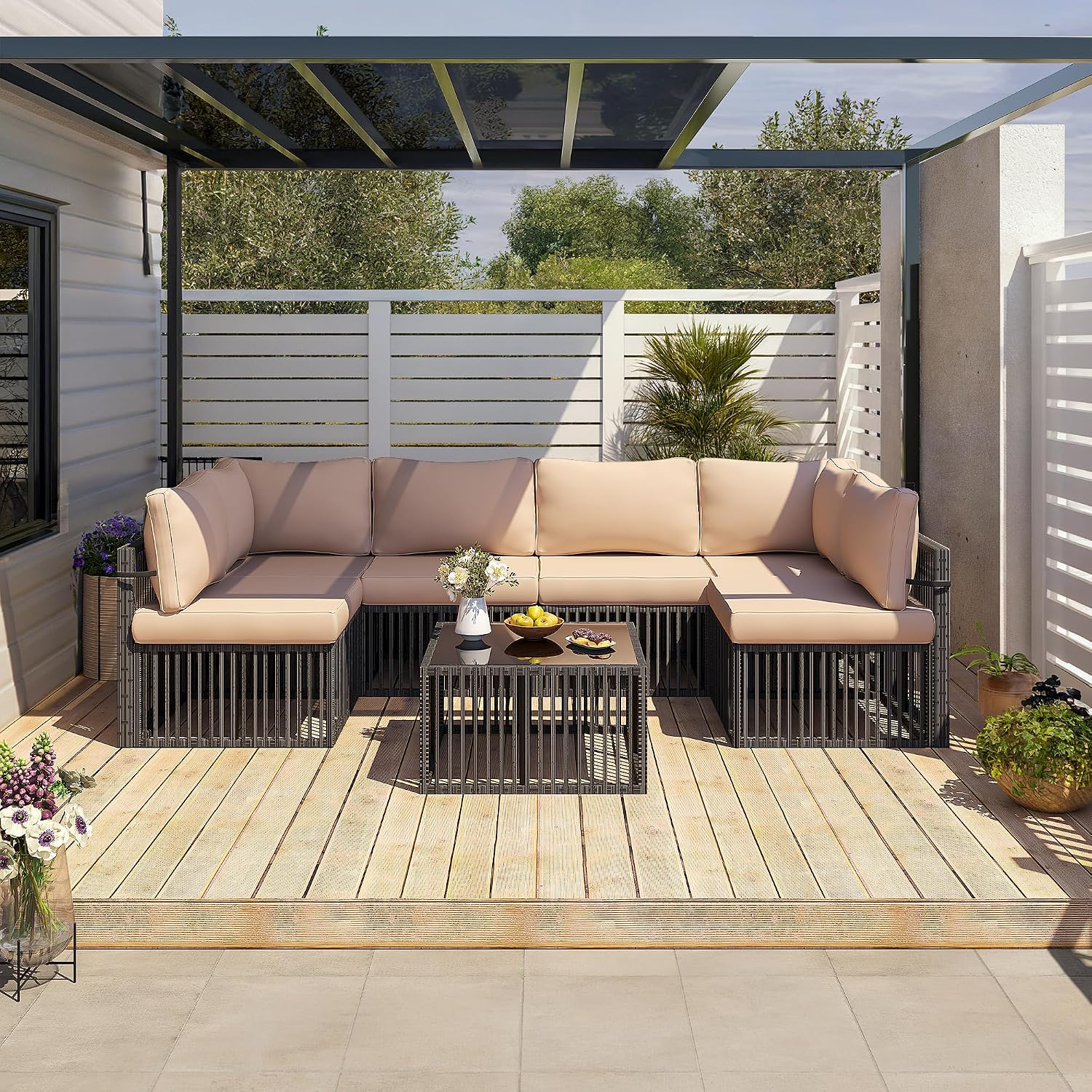 Pamapic 7-Piece Outdoor Sectional Set, Large Wicker Patio Furniture Set with Coffee Table and Washable Cushions Covers, All-Weather Patio Sofa Conversation Set for Backyard, Poolside, Garden