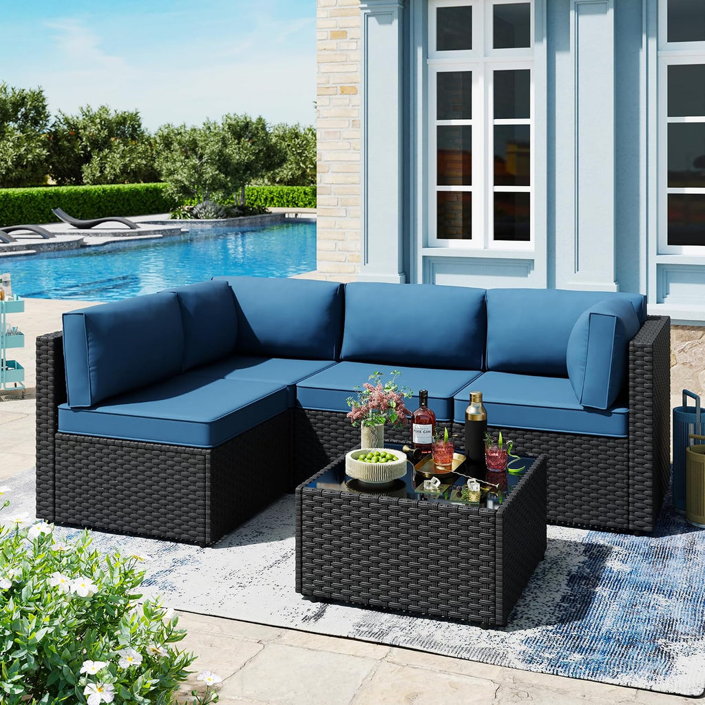 SUNLEI 5pcs Patio Furniture Sets Conversation Set, Low Back All-Weather Rattan Sectional Sofa with Tea Table&Washable Couch Cushions, Outdoor Furniture Set