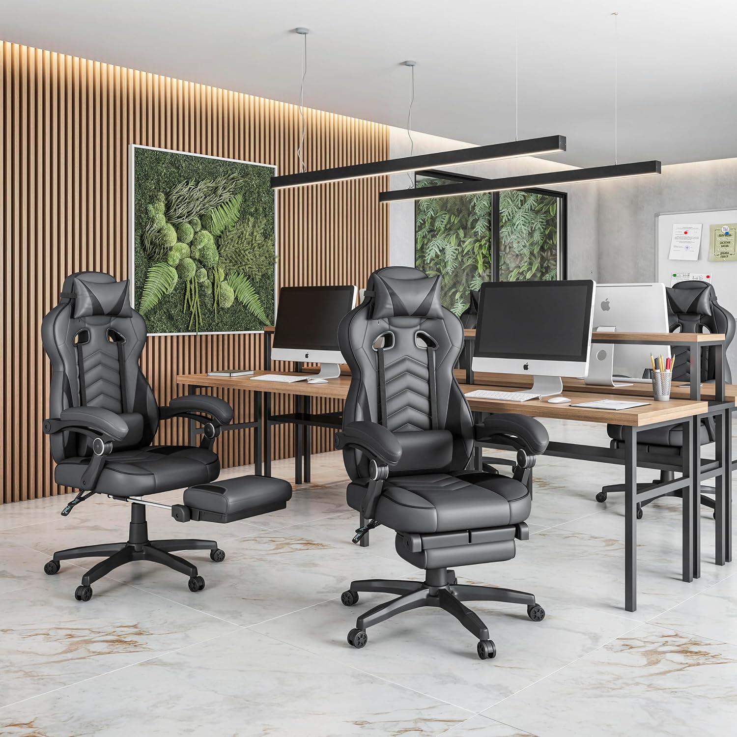 Executive Office or Gaming Chair with Footrest, Padded PU Leather Office Chair with 150-Degree Recline, Lumbar Support & Headrest Pillow, Grey