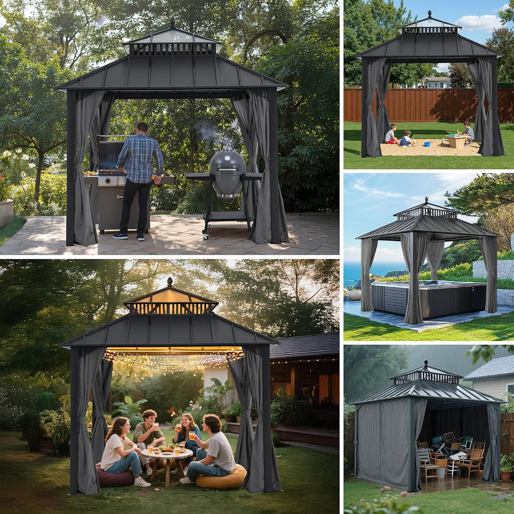 SUNJOY Kingston 10' x 10' Hardtop Gazebo with Galvanized Steel/Polycarbonate Double Roof, Curtain and Netting, Gray Aluminum Posts Permanent Pavilion Gazebo for Garden, Patio, Deck, Lawn