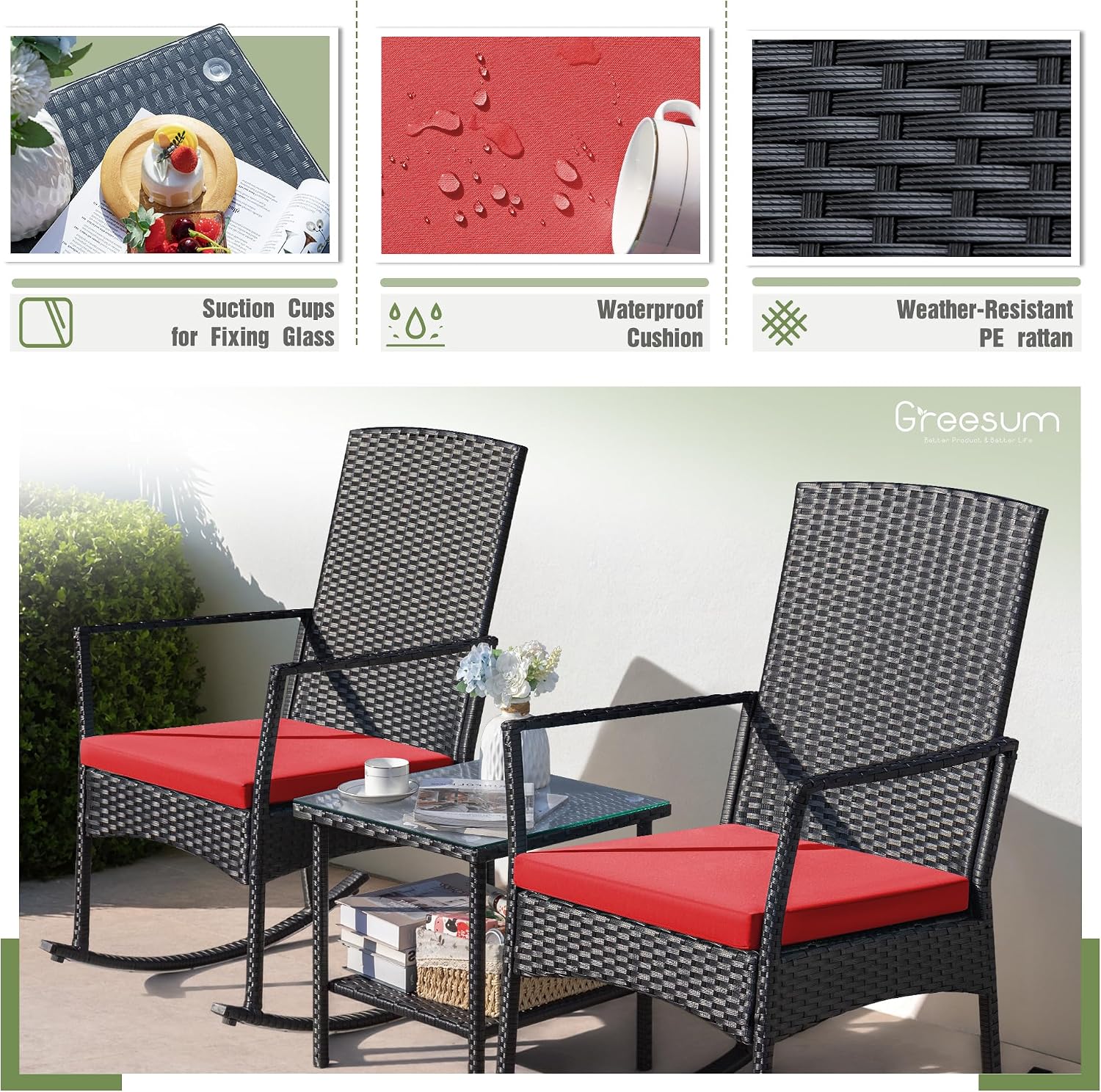 Greesum 3 Pieces Patio Furniture Set Outdoor Wicker Rocking Chairs with Glass Coffee Table for Garden Backyard Porch Poolside, Red