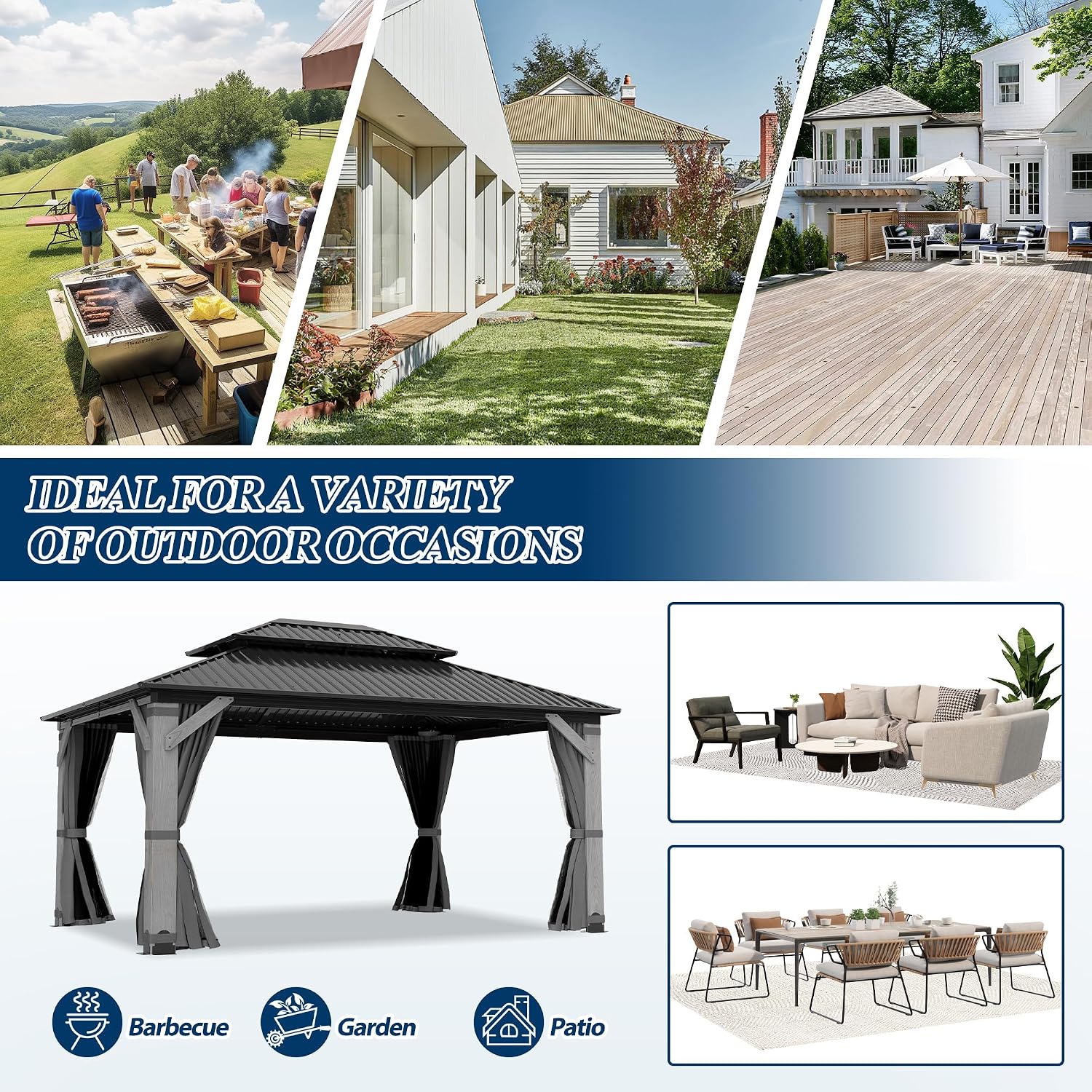 COVERONICS 12'x16' Outdoor Wood Gazebo - Hardtop Wooden Gazebo with Galvanized Steel Roof, Heavy-Duty Pavilion with Netting & Curtains for Garden, Poolside, Deck, Backyard