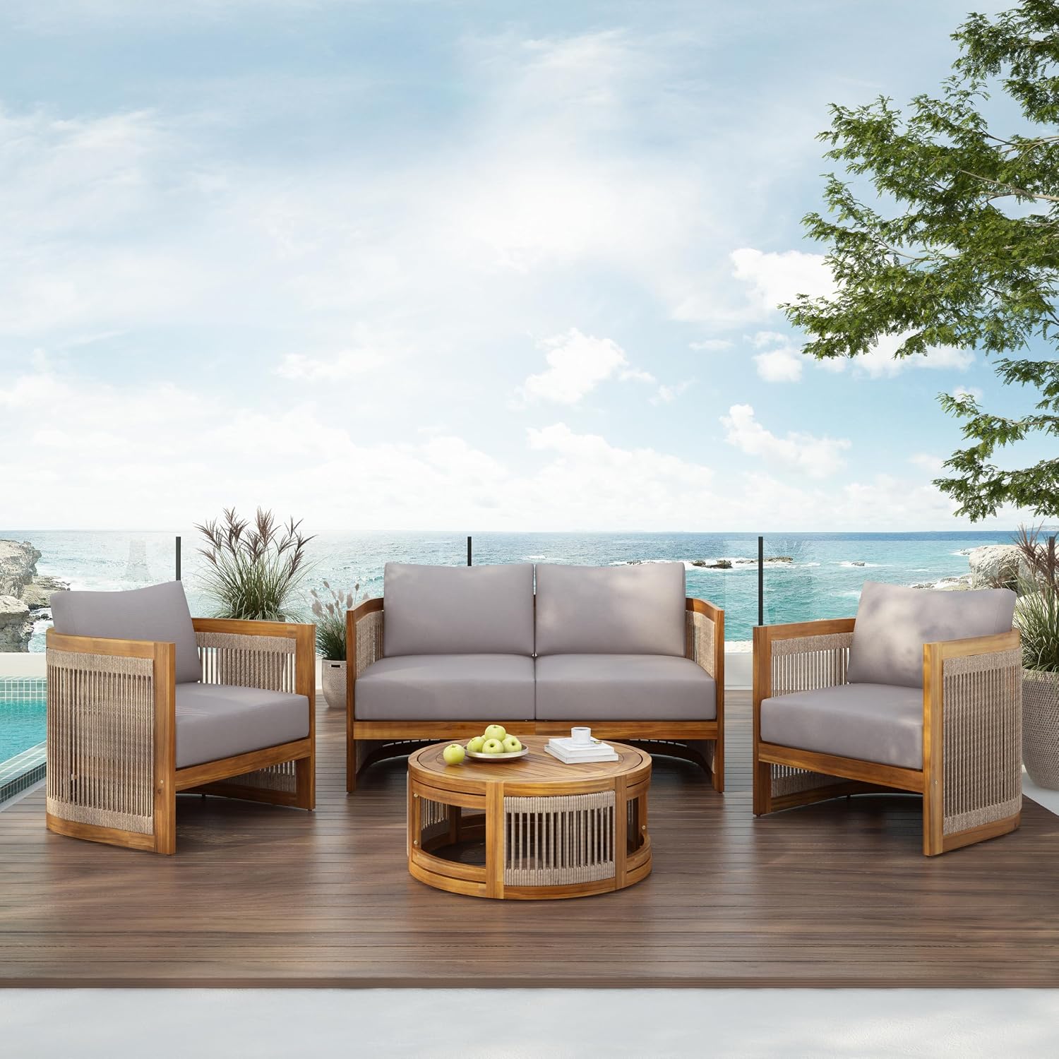 Christopher Knight Home Nesbit 4 Pieces Conversation Set, Acacia Wood Chat Set, Woven Rope Loveseat and Accent Chairs, Slat Panel Coffee Table, Patio Furniture Set for Backyard Balcony Garden, Gray