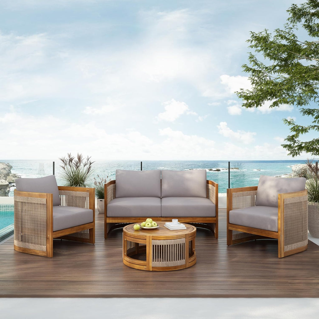Acacia Wood Patio Multi-Person Sofa Set with Round Coffee Table and Woven Rope Accents, All-Weather Conversation Set Outdoor Seating Group for Garden Backyard Poolside Balcony (Teak+Grey)