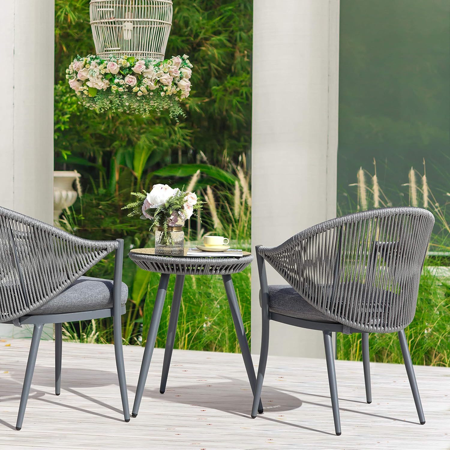 NUU GARDEN 3 Piece Outdoor Bistro Set, Woven Rope Conversation Patio Set, All Weather Aluminum Patio Furniture Chairs and Table with Cushions for Garden, Deck, Backyard, Gray