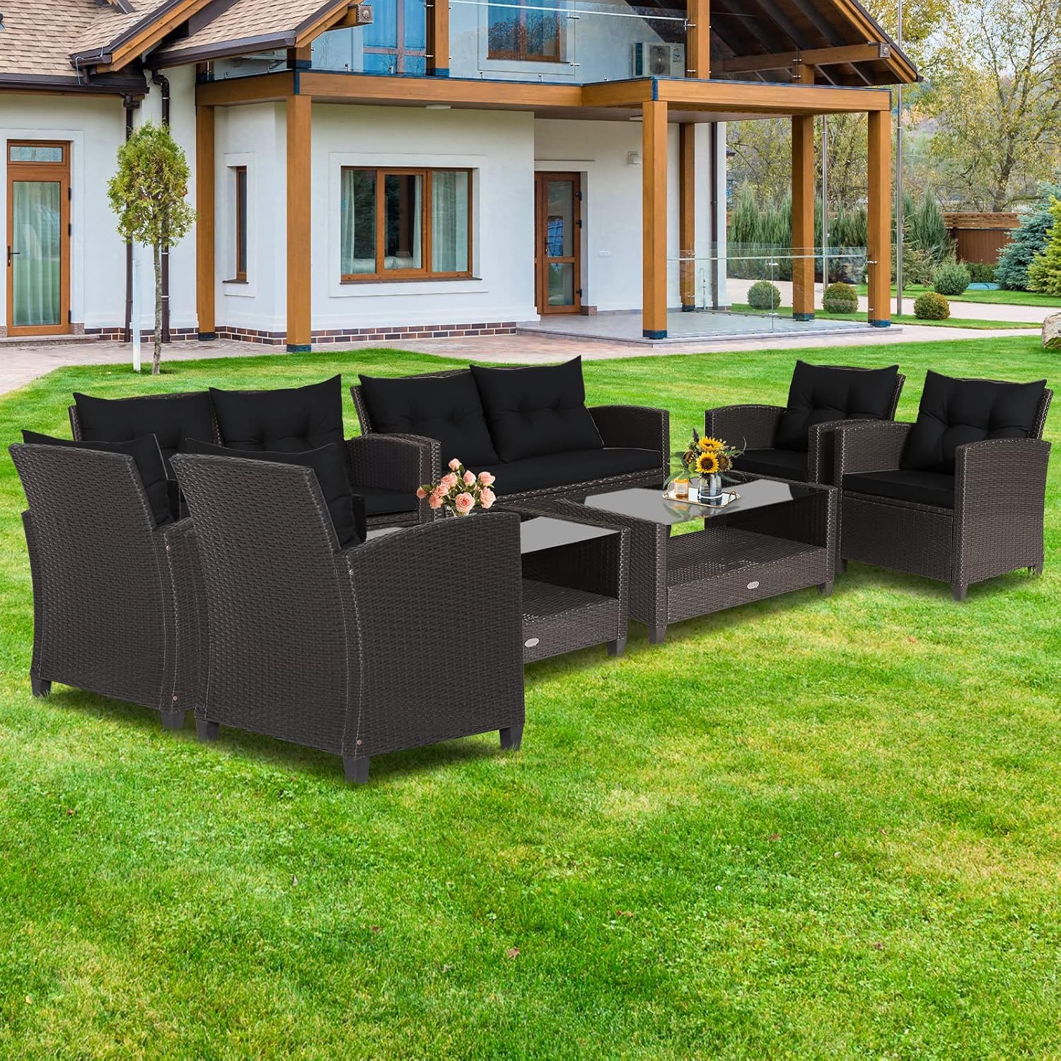 Tangkula 8-Piece Patio Furniture Set, Rattan Wicker Chair Set with 2 Loveseat, 4 Single Sofas, 2 Coffee Table with Tempered Glass Top, Outdoor Furniture Sets for Backyard, Porch, Garden and Poolside