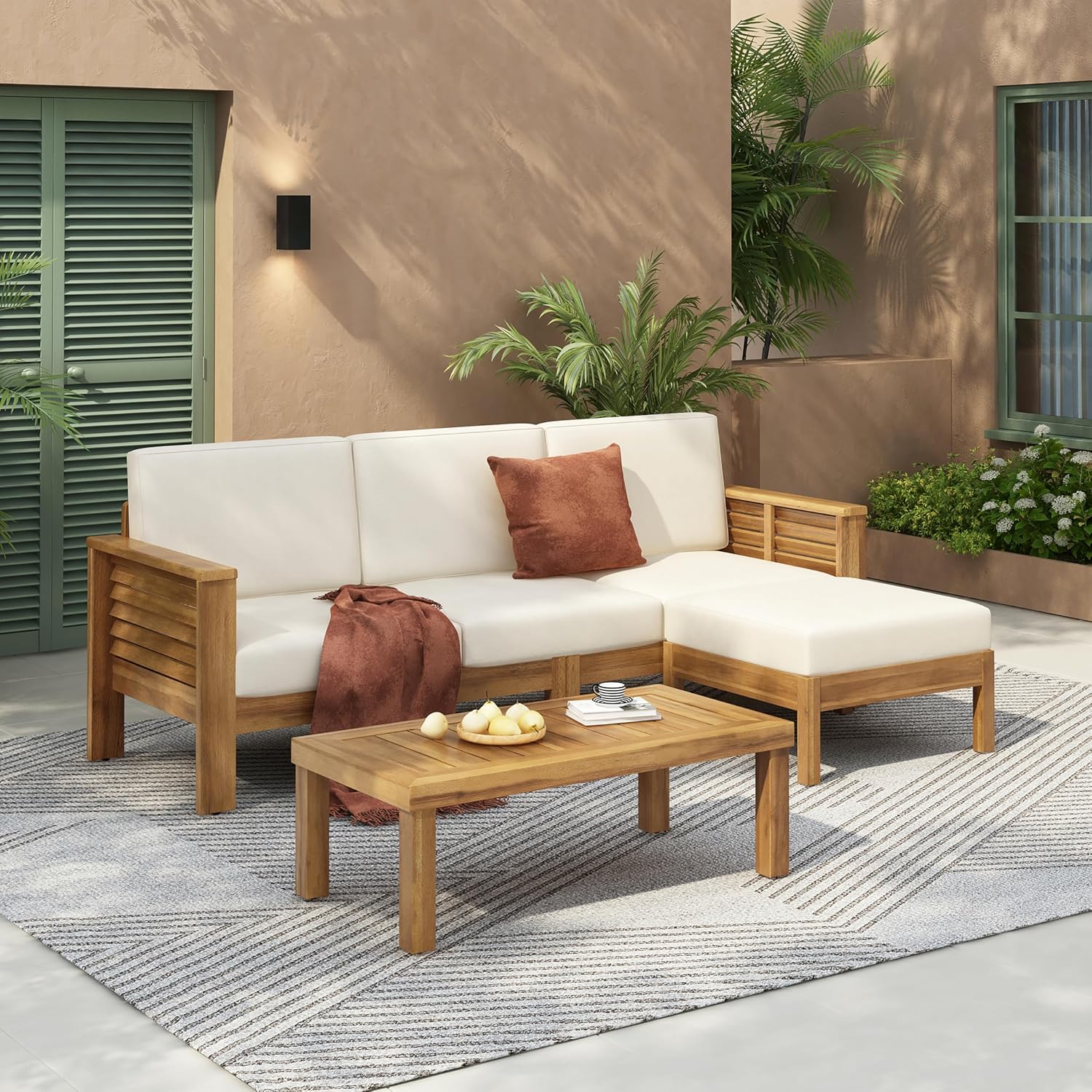 Christopher Knight Home Havets 3 Pieces Outdoor Acacia Furniture Set, Slat Panel Couch, Spacious Seating Armchair, 6' Thick Cushions Sofa and Coffee Table Set for Backyard Garden Balcony, Teak+Beige