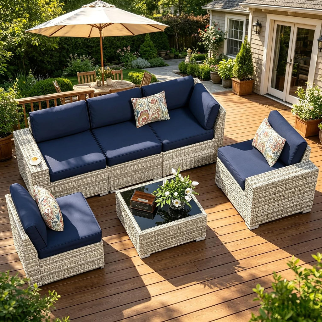 SHGJ&SOFT 6pcs Outdoor Patio Furniture Set, Waterproof Wicker Outdoor Sectional Couch with Thick Cushions, All-Weather Rattan Sectional Sofa
