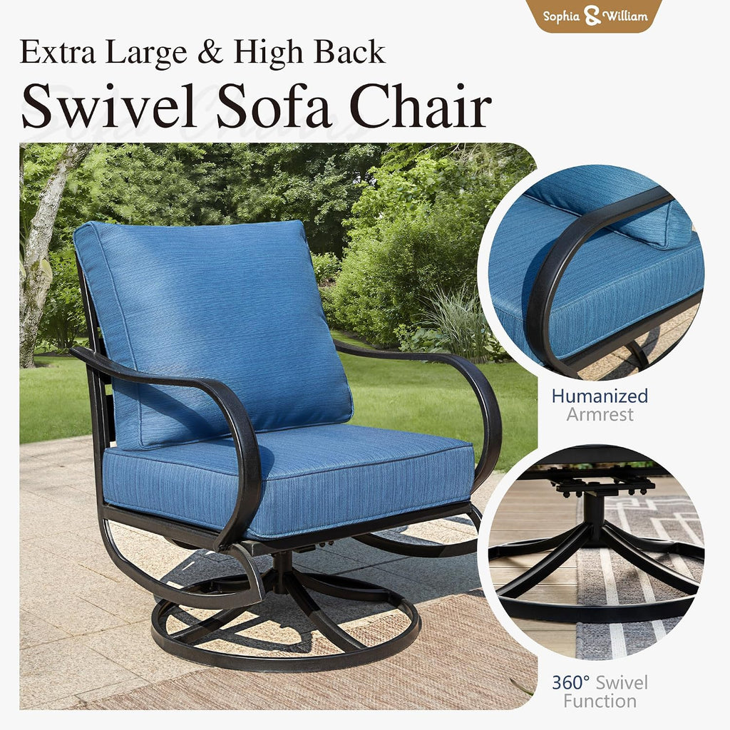 Sophia & William Patio Furniture Sets 5 Seats Outdoor Metal Conversation Sets with 2 x Cushioned Swivel Sofa Chairs,1 x 3-Seat Sofa, 1x Marbling Metal Coffee Table Lawn Backyard Poolside Peacock Blue